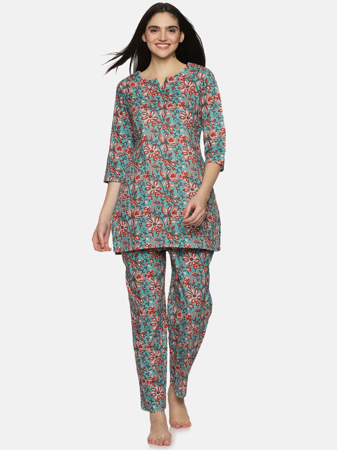 

Palakh Floral Printed Round Neck Pure Cotton Kurti & Pyjama, Teal