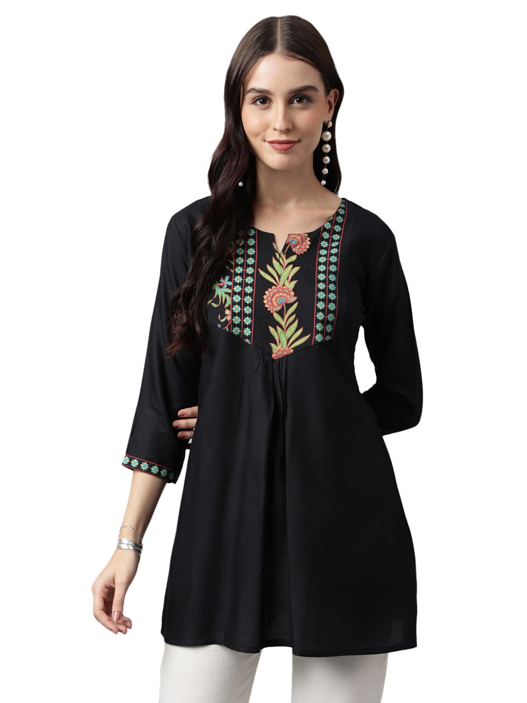 

Nimayaa Floral Printed Notched Neck Three-Quarter Sleeves Sequined Pleated A-Line Kurti, Black