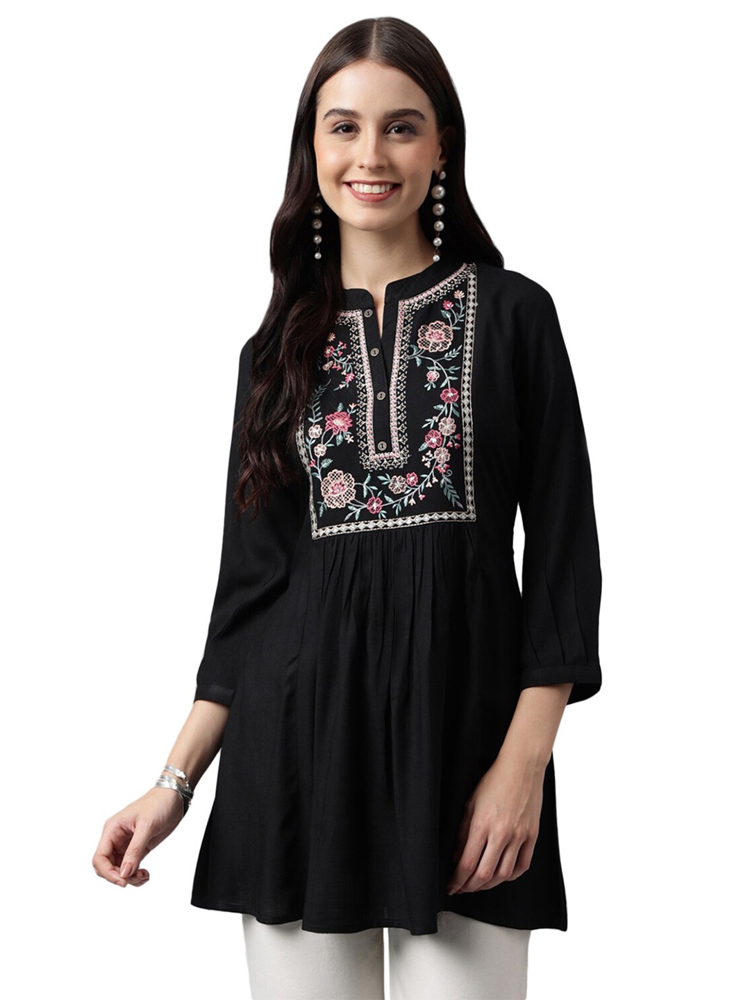 

Nimayaa Floral Embroidered Mandarin Collar Pleated A-Line Kurti, Black