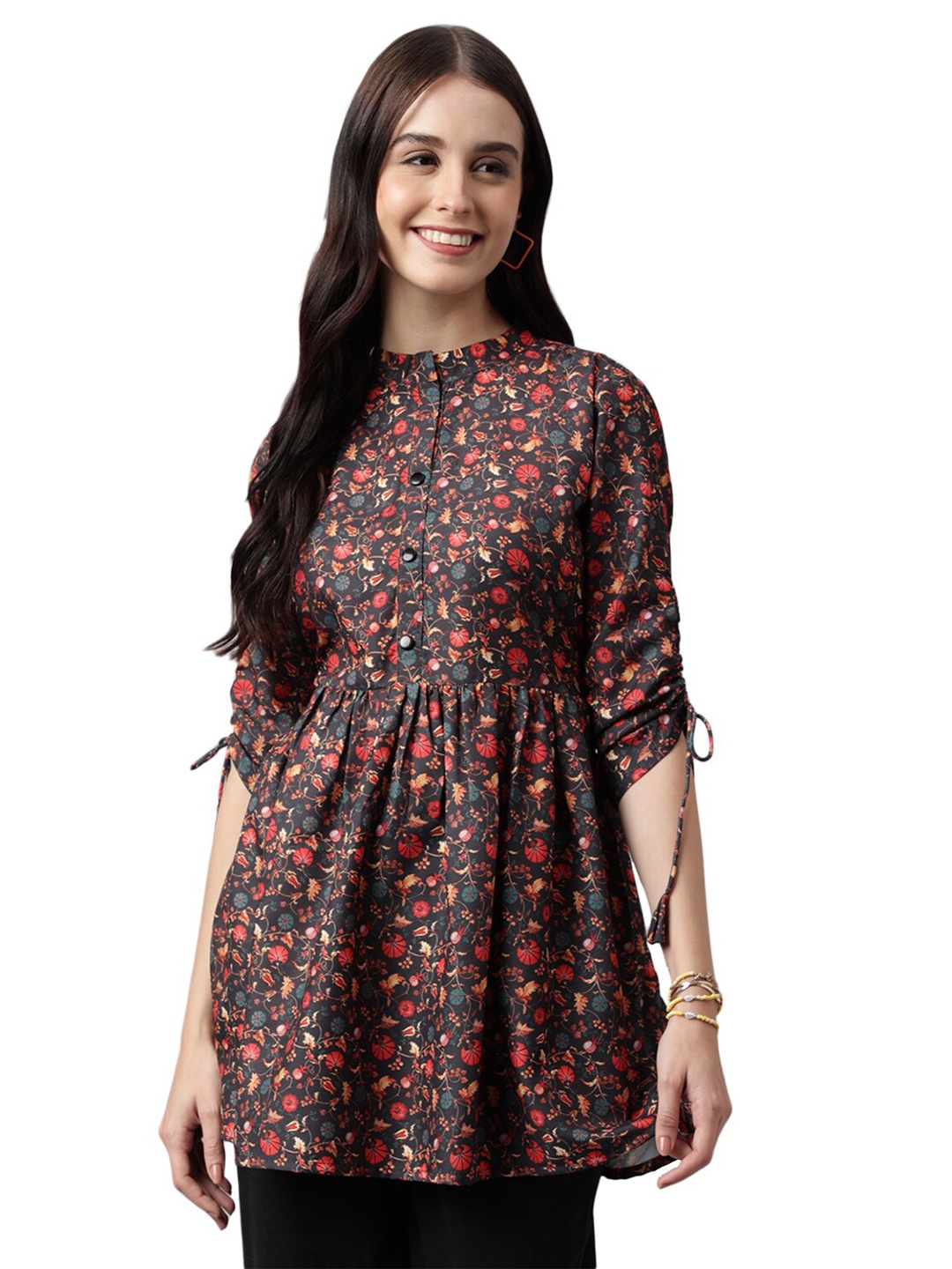 

Nimayaa Floral Printed Mandarin Collar Pleated A-Line Kurti, Black