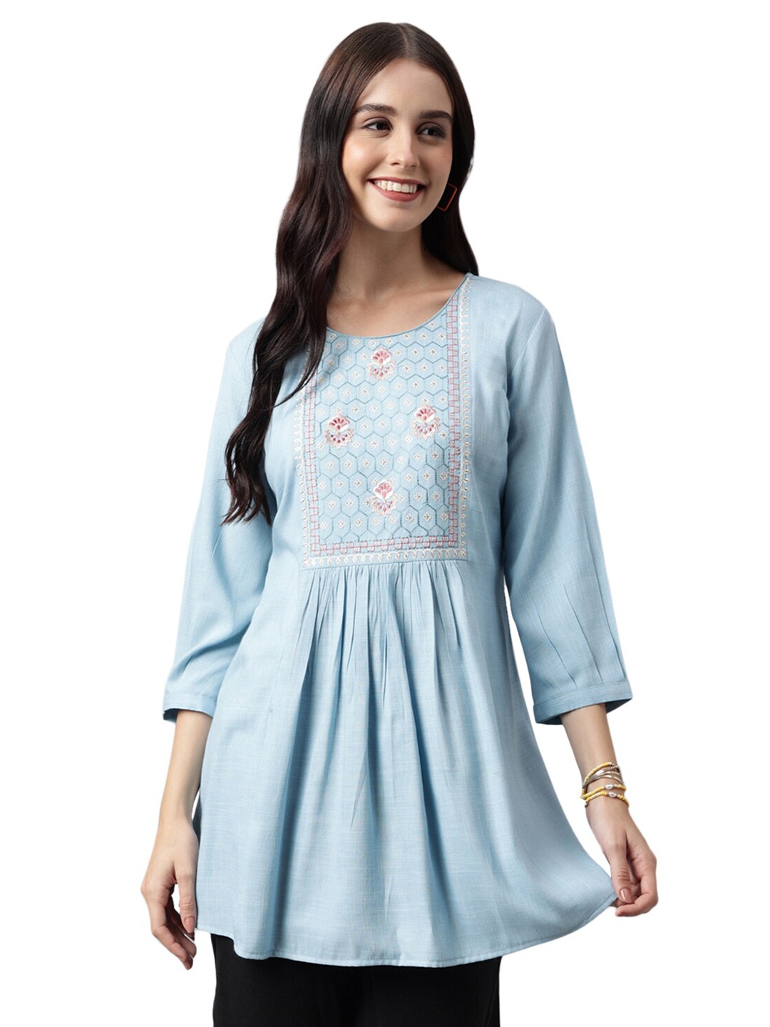 

Nimayaa Embroidered Printed Mandarin Collar Pleated A-Line Kurti, Blue