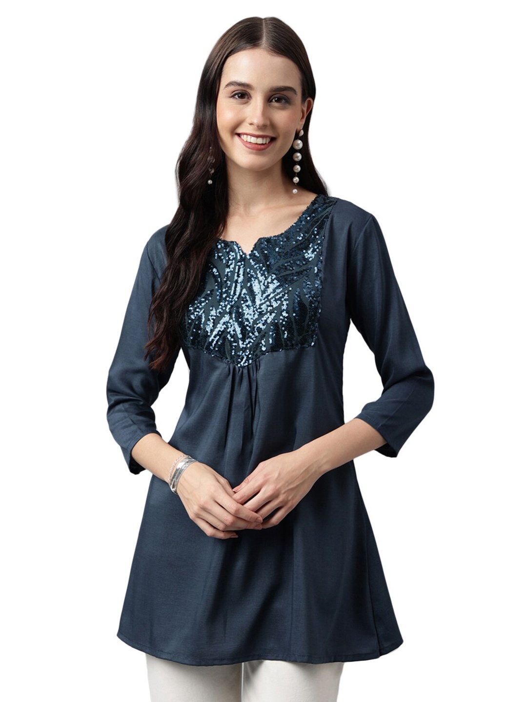 

Nimayaa Notched Neck Three-Quarter Sleeves Sequined Pleated A-Line Kurti, Teal