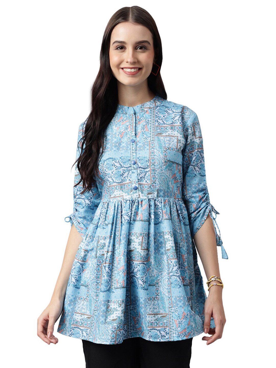 

Nimayaa Floral Printed Band Collar Pleated A-Line Kurti, Blue