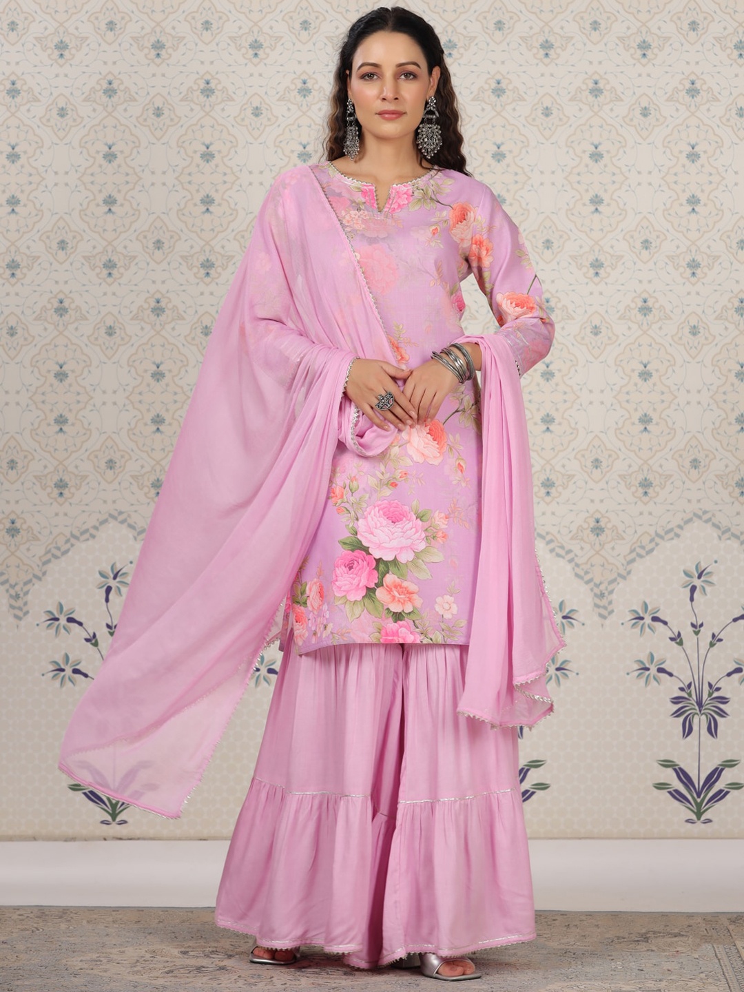 

Ode by House of Pataudi Pink Floral Printed Straight Kurta & Sharara With Dupatta