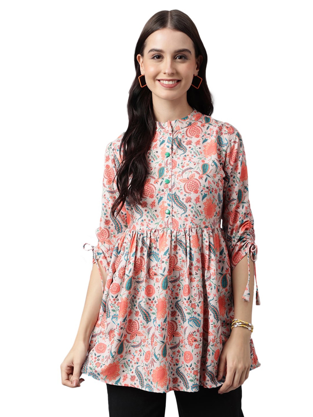 

Nimayaa Floral Printed Mandarin Collar Pleated A-Line Kurti, Orange