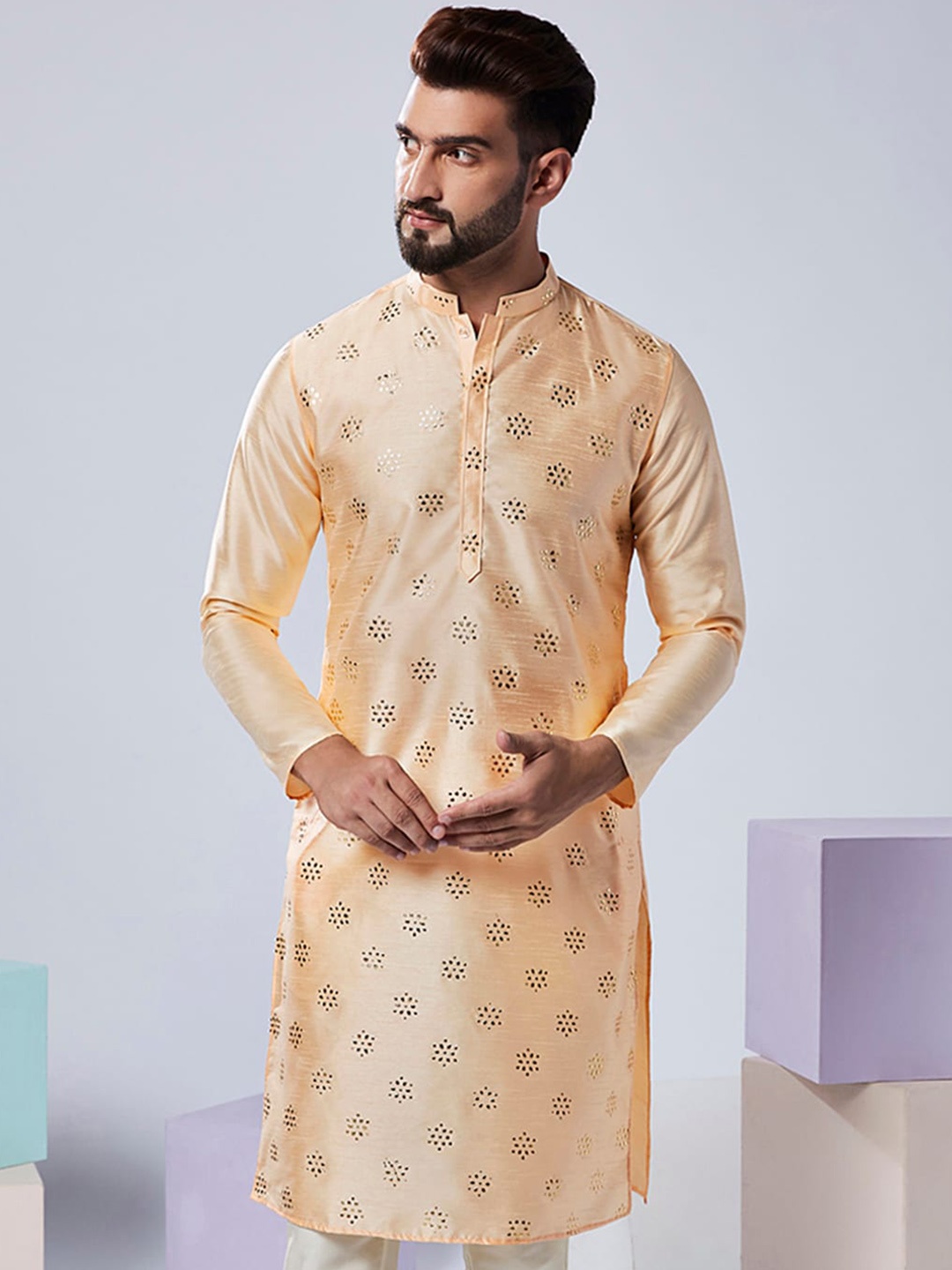 

KISAH Embellished Mandarin Collar Straight Kurta, Nude