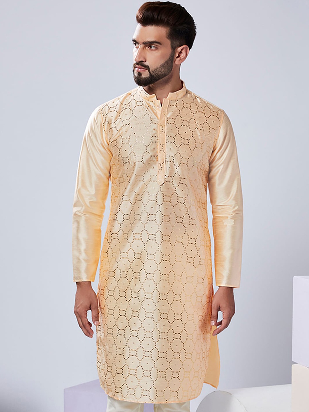 

KISAH Embellished Mandarin Collar Straight Kurta, Nude