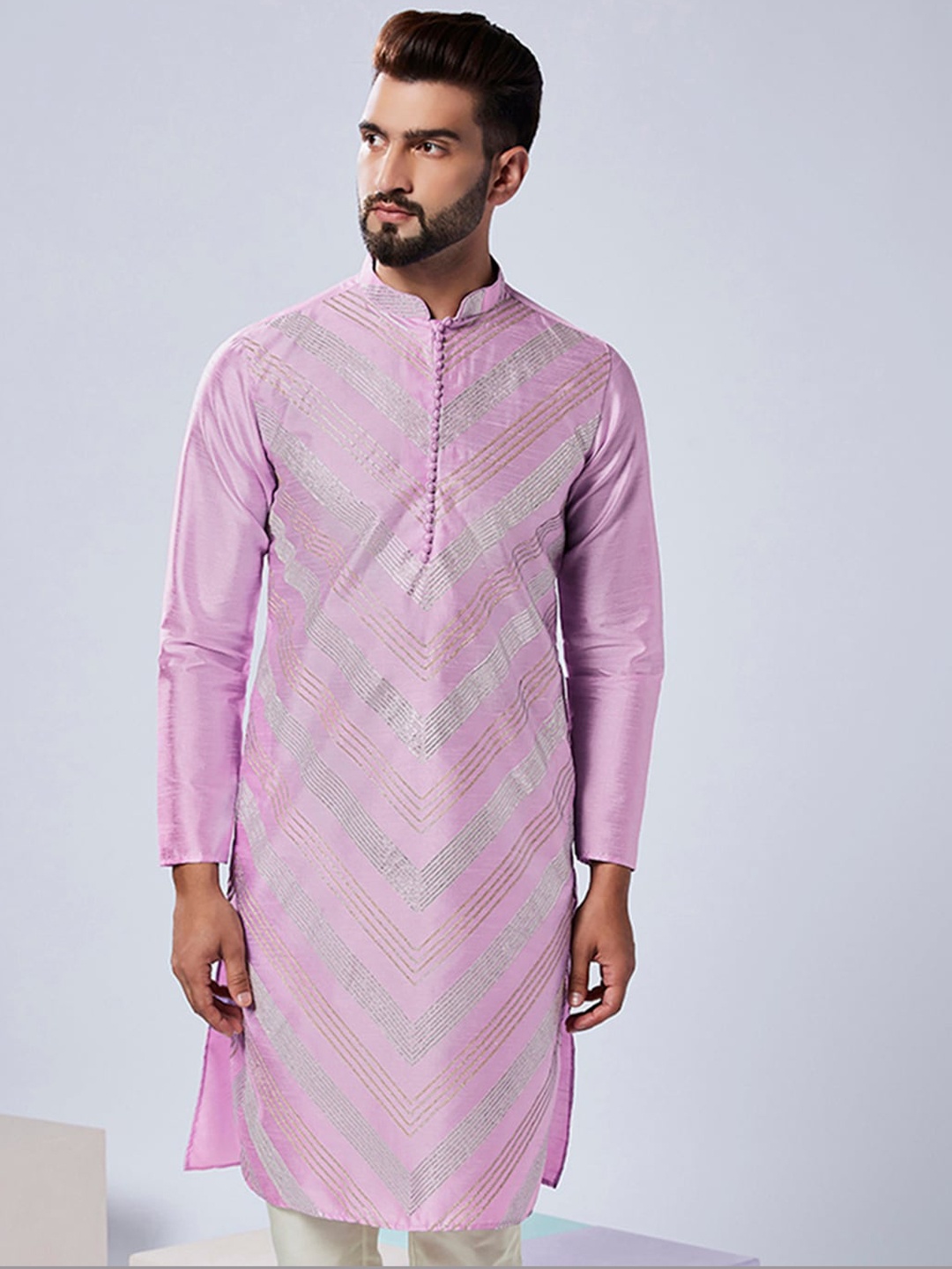 

KISAH Embroidered Mandarin Collar Straight Kurta, Lavender
