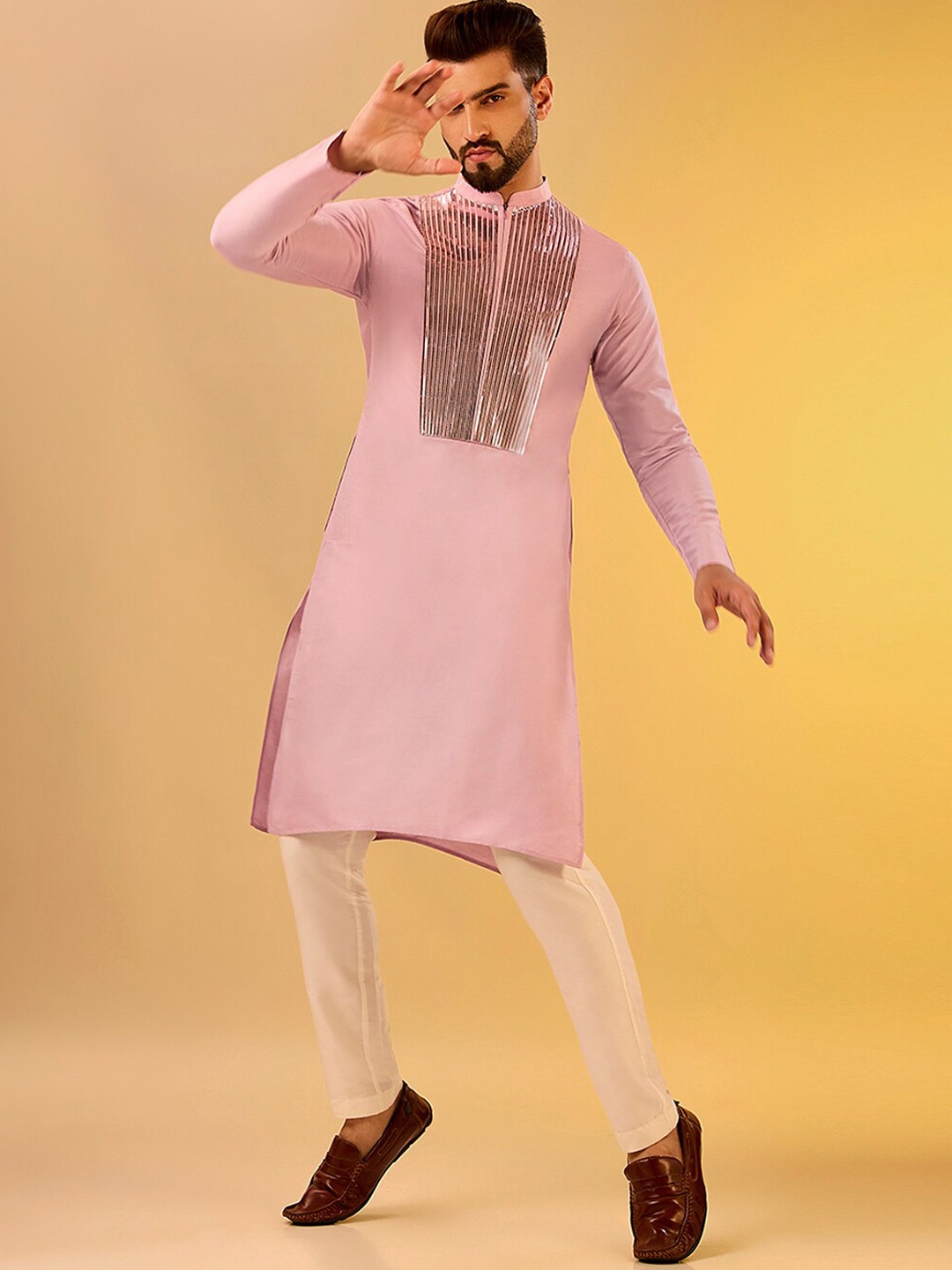 

KISAH Striped Yoke Design Gotta Patti Kurta, Pink