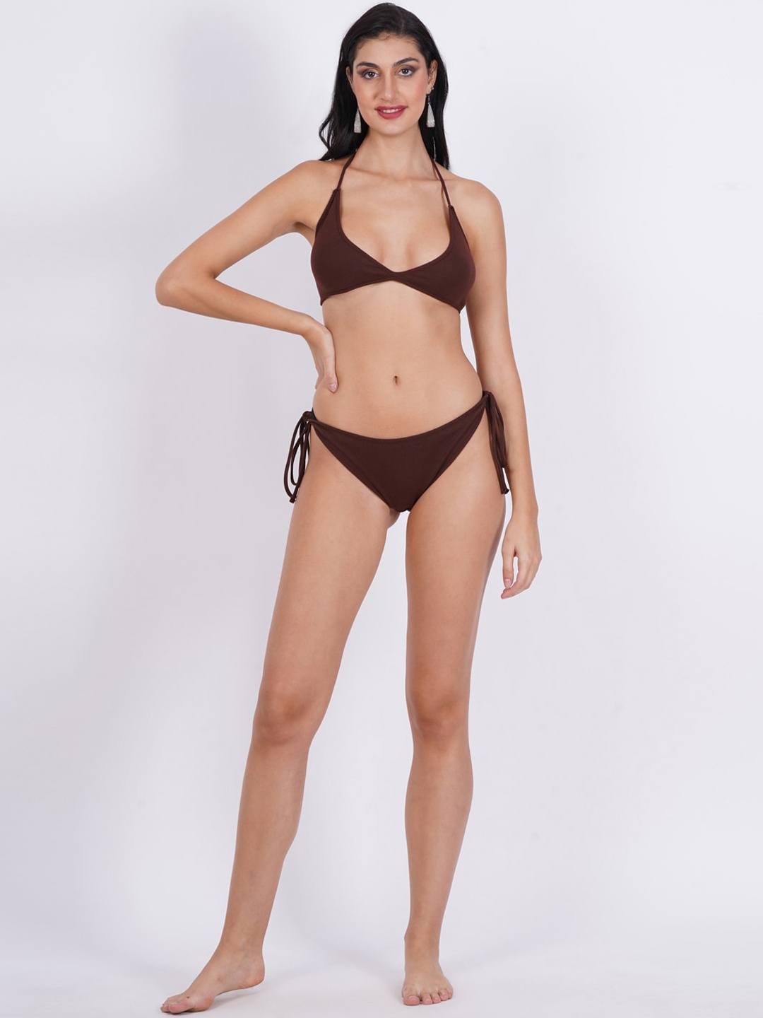

SIGHTBOMB Halter Neck Ribbed Cotton Bikini Set, Brown