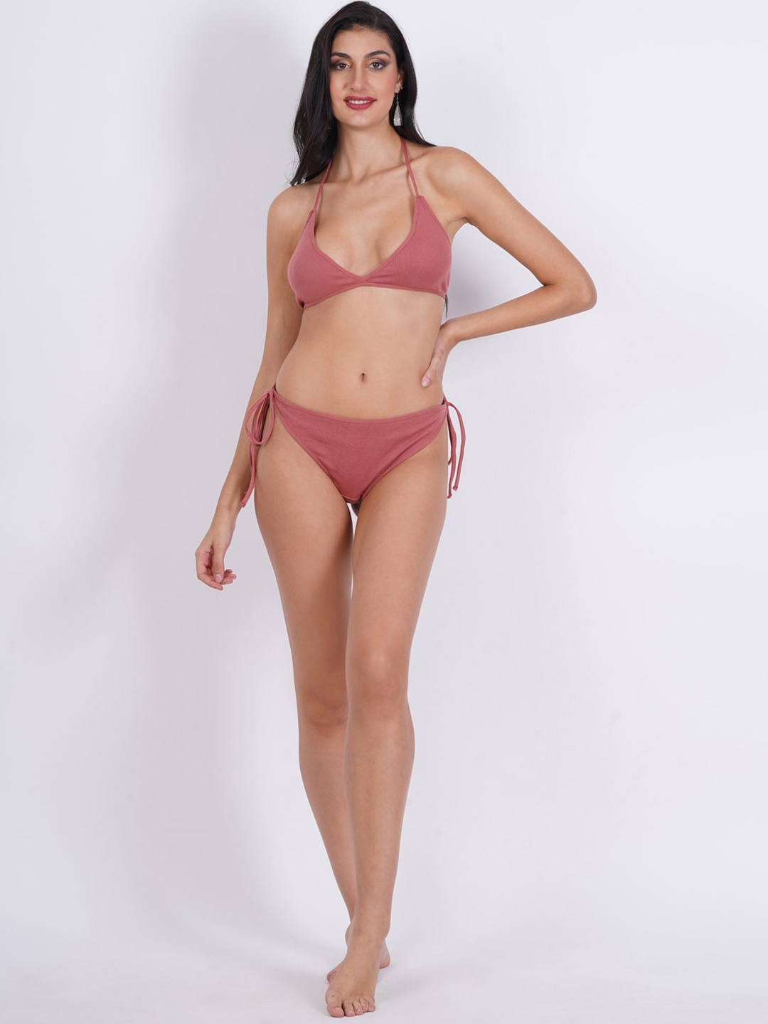 

SIGHTBOMB Halter Neck Ribbed Cotton Bikini Set, Pink