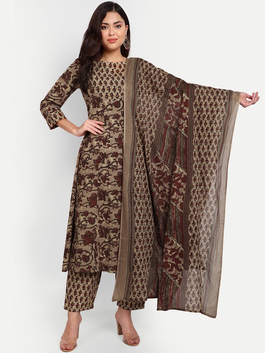 

Haute and Humble Floral Printed Gotta Patti Pure Cotton Kurta With Trousers & Dupatta, Brown