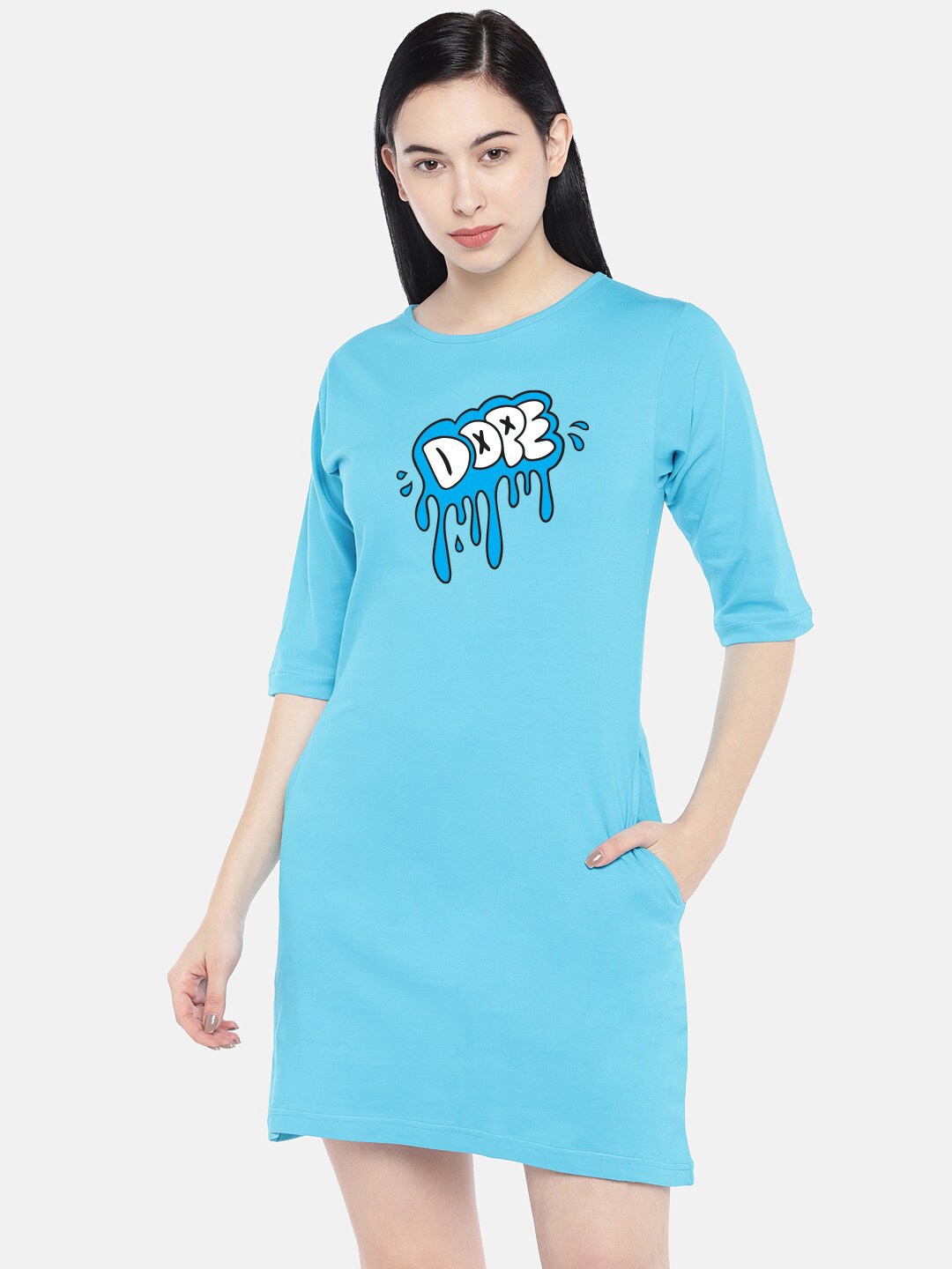 

STATUS MANTRA Graphic Printed Round Neck Cotton T-shirt Dress, Turquoise blue