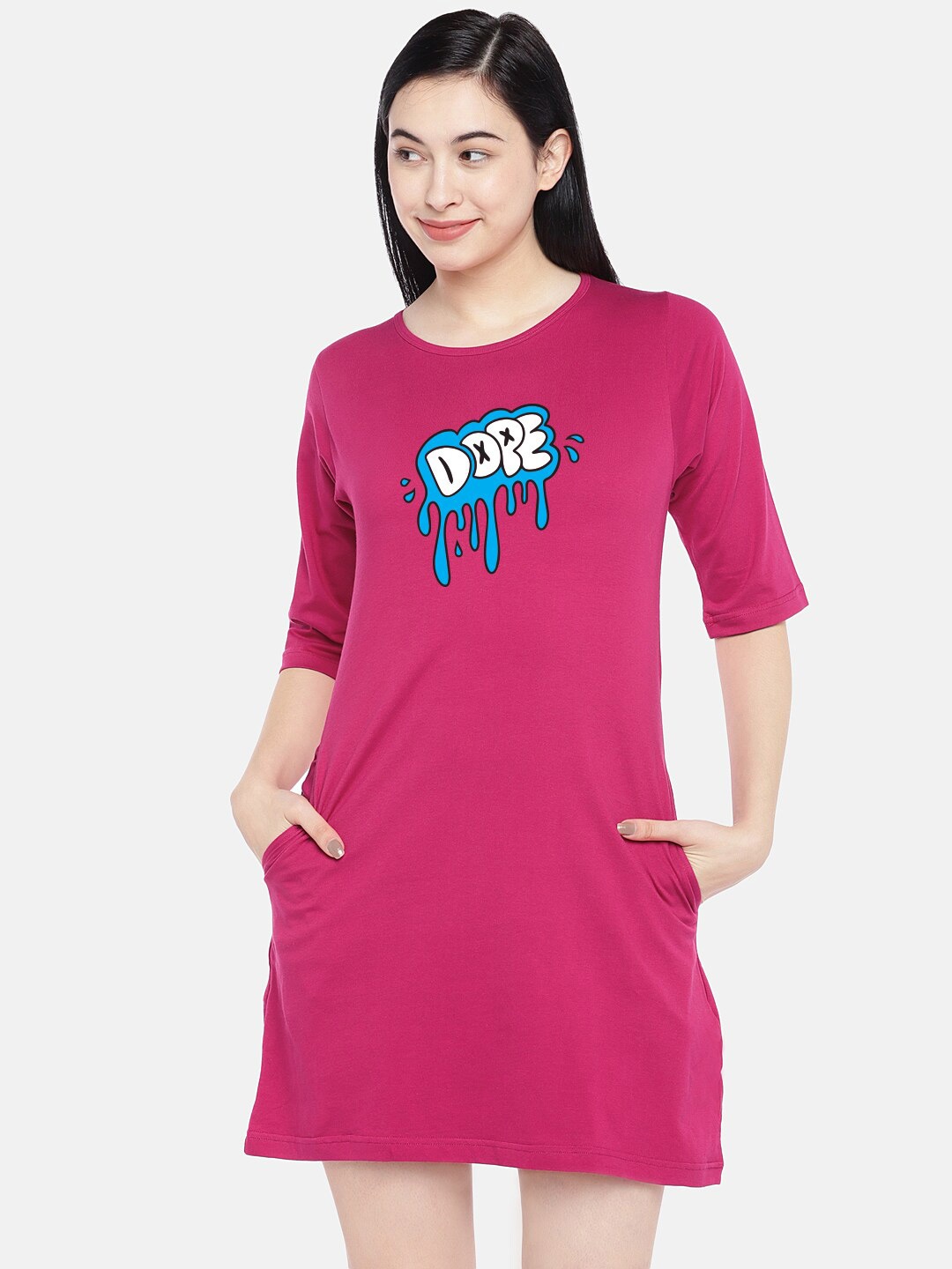 

STATUS MANTRA Graphic Printed Round Neck Cotton T-shirt Dress, Pink