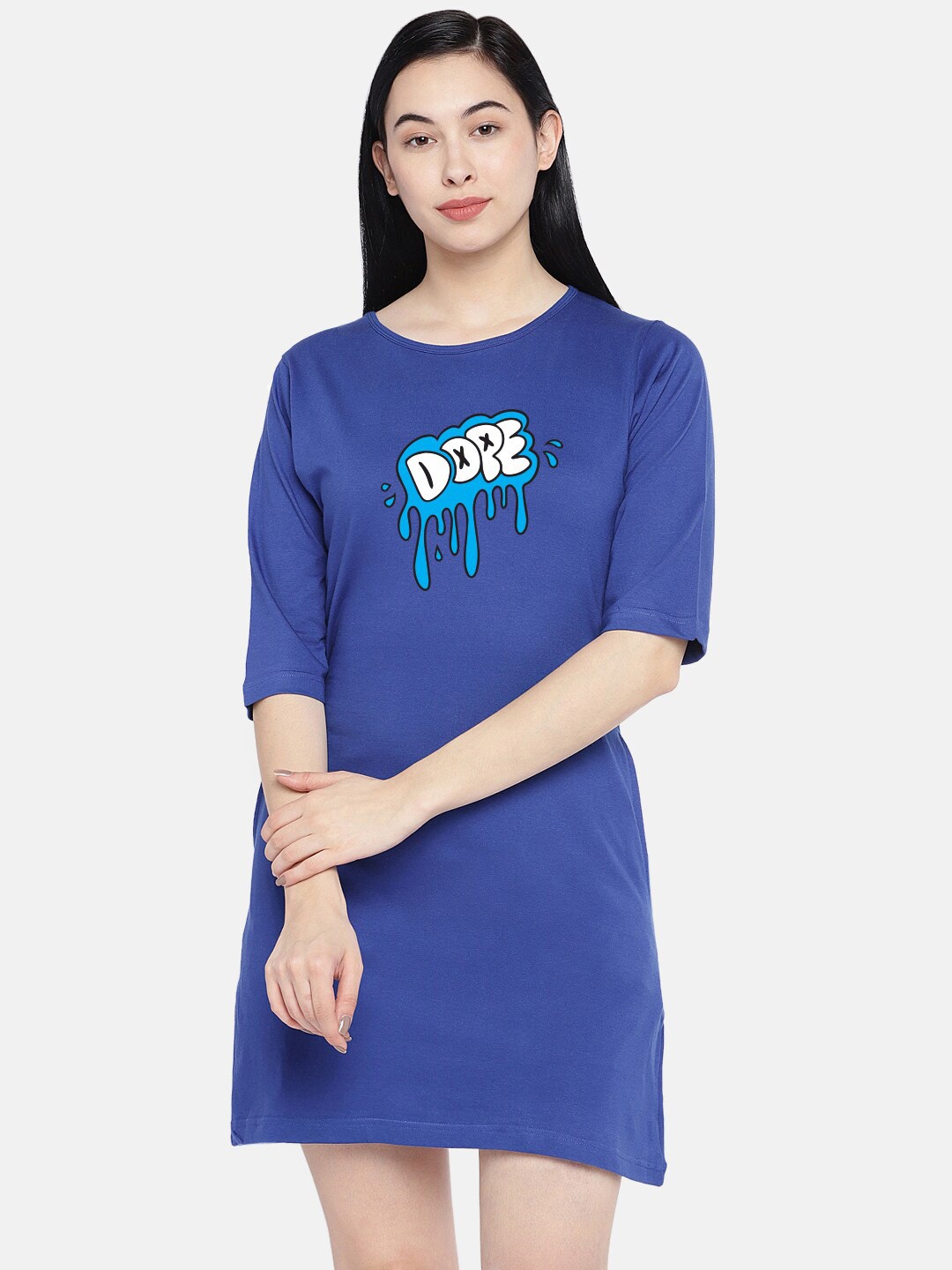 

STATUS MANTRA Typography Printed Pure Cotton T-Shirt Dress, Blue