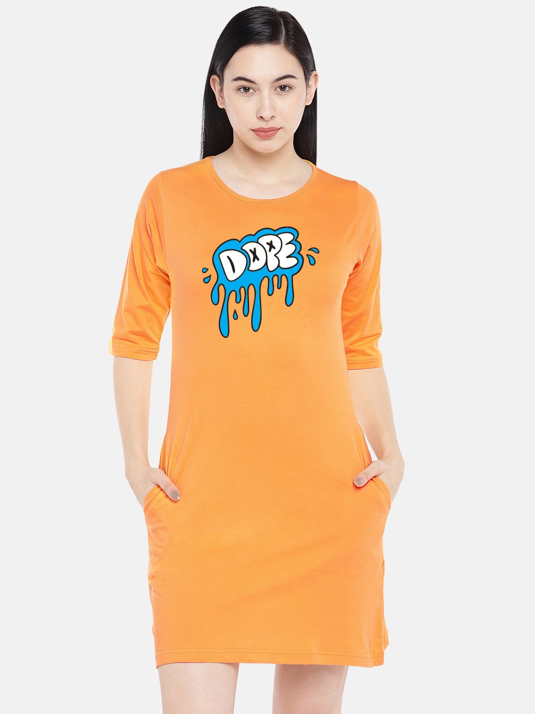 

STATUS MANTRA Typography Printed Cotton T-Shirt Dress, Yellow