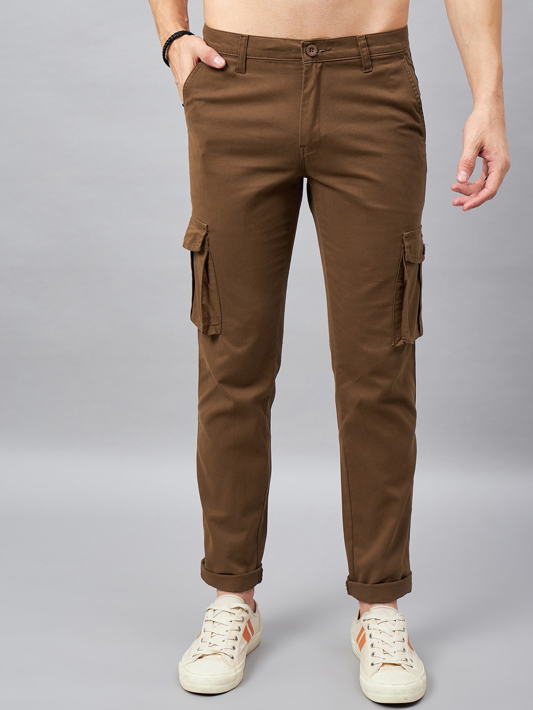 

STUDIO NEXX Men Relaxed Straight Leg Straight Fit Mid-Rise Pure Cotton Cargo Trouser, Brown