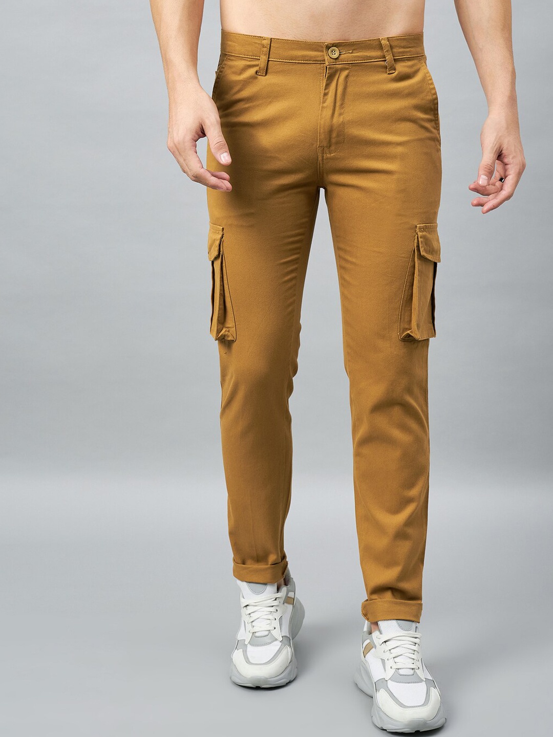 

STUDIO NEXX Men Relaxed Straight Leg Mid-Rise Pure Cotton Cargos, Brown