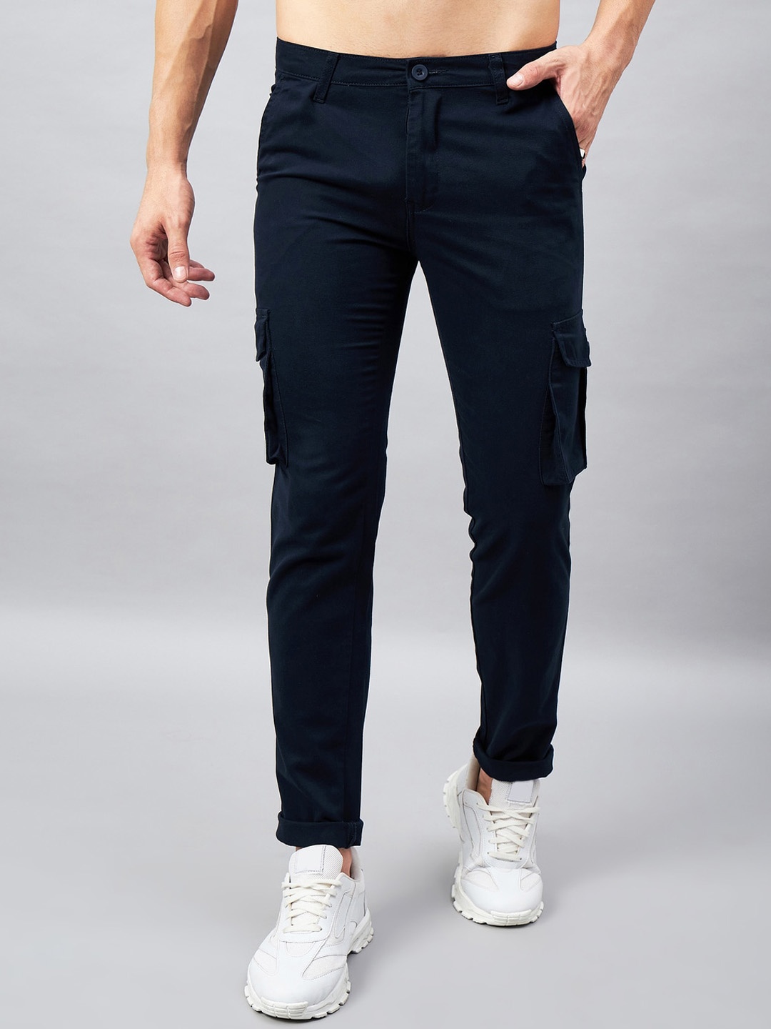 

STUDIO NEXX Men Relaxed Straight Leg Straight Fit Mid-Rise Pure Cotton Cargo Trouser, Navy blue