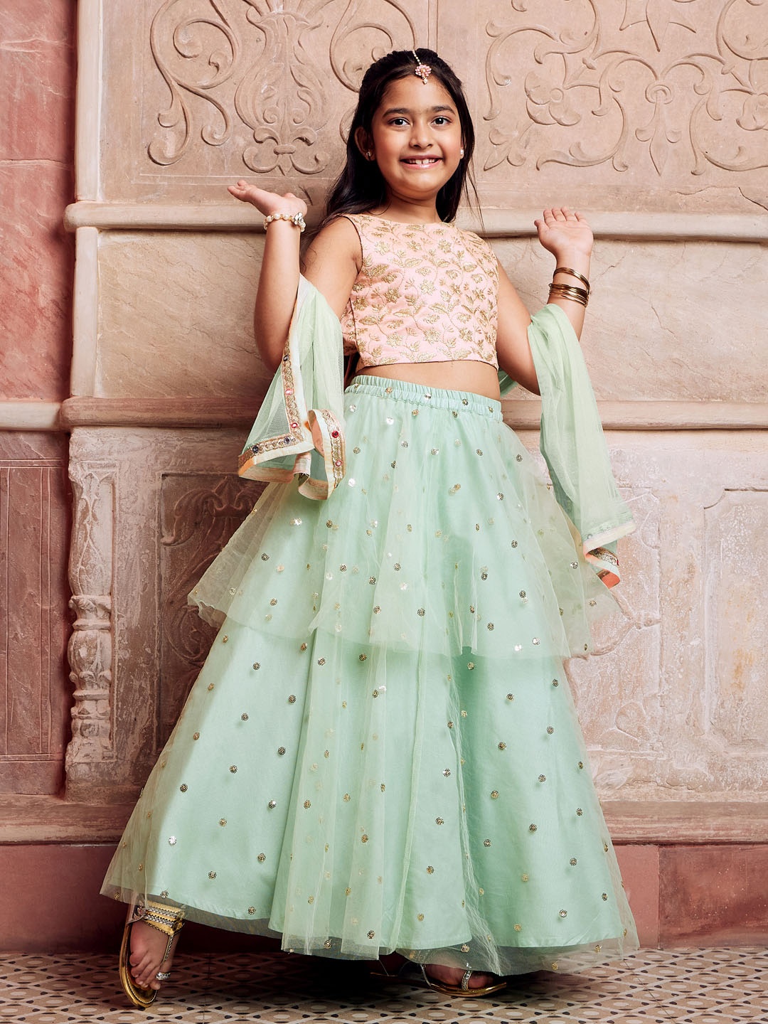 

VASTRAMAY Girls Embroidered Sequinned Ready to Wear Lehenga & Blouse With Dupatta, Peach