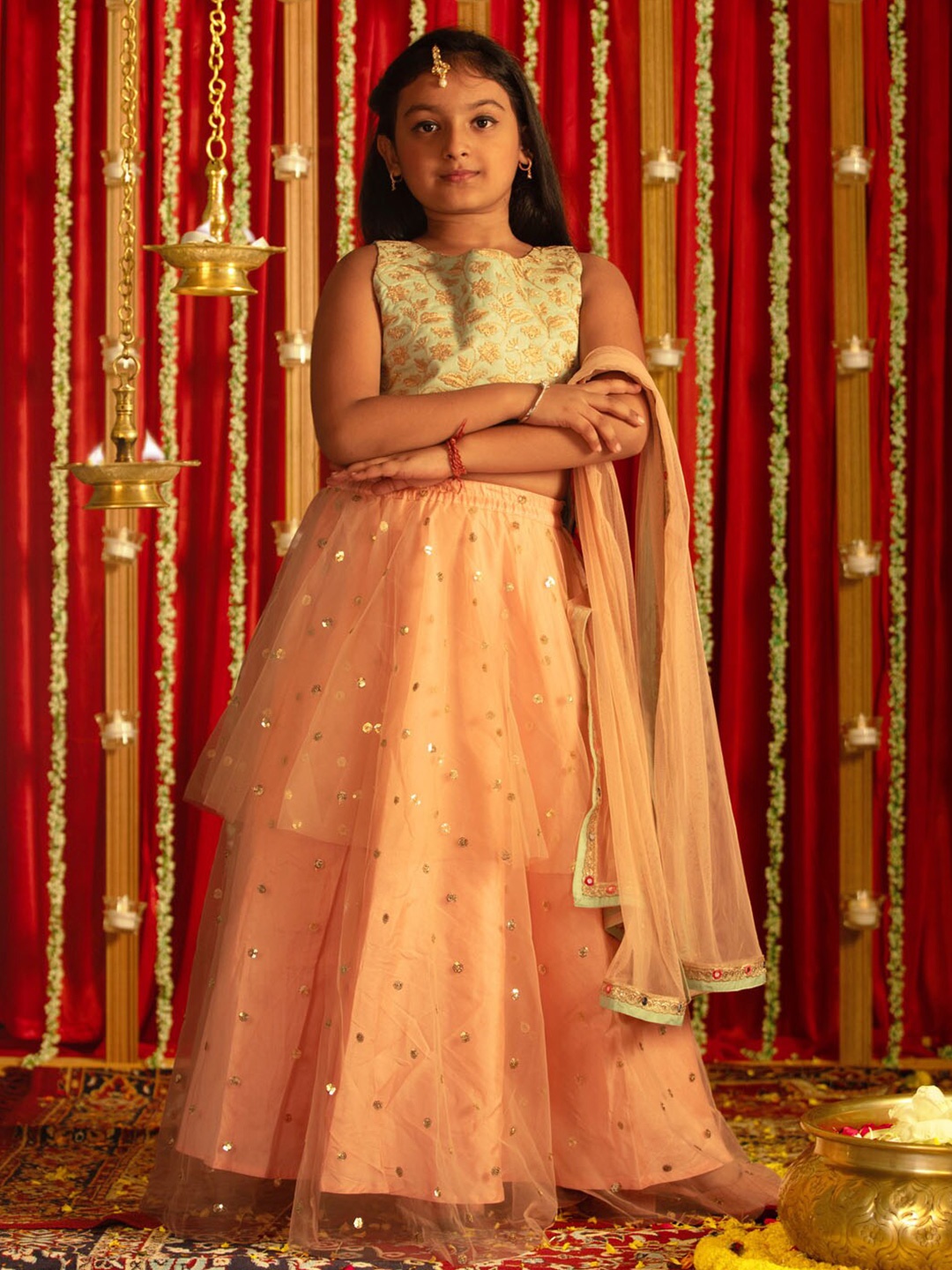 

VASTRAMAY Girls Embroidered Sequinned Ready to Wear Lehenga & Blouse With Dupatta, Green