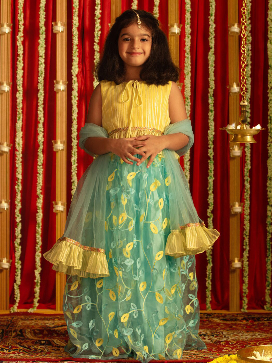 

VASTRAMAY Girls Embroidered Thread Work Ready to Wear Lehenga & Blouse With Dupatta, Yellow