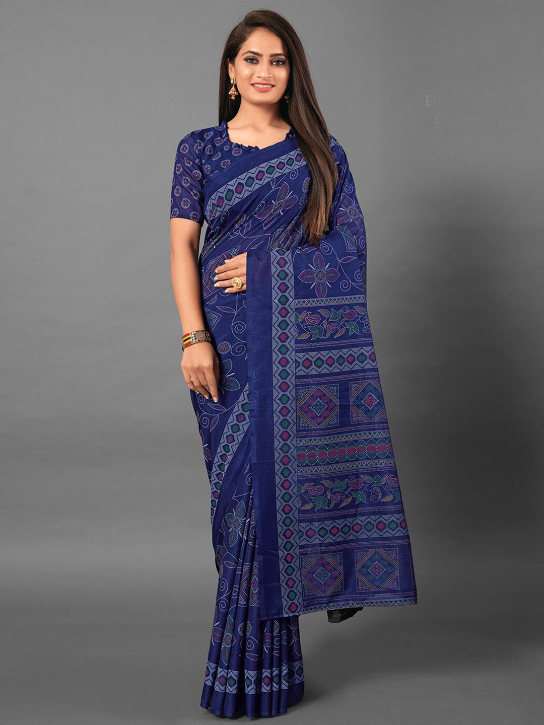

Anouk Ethnic Motifs Printed Silk Blend Saree, Navy blue