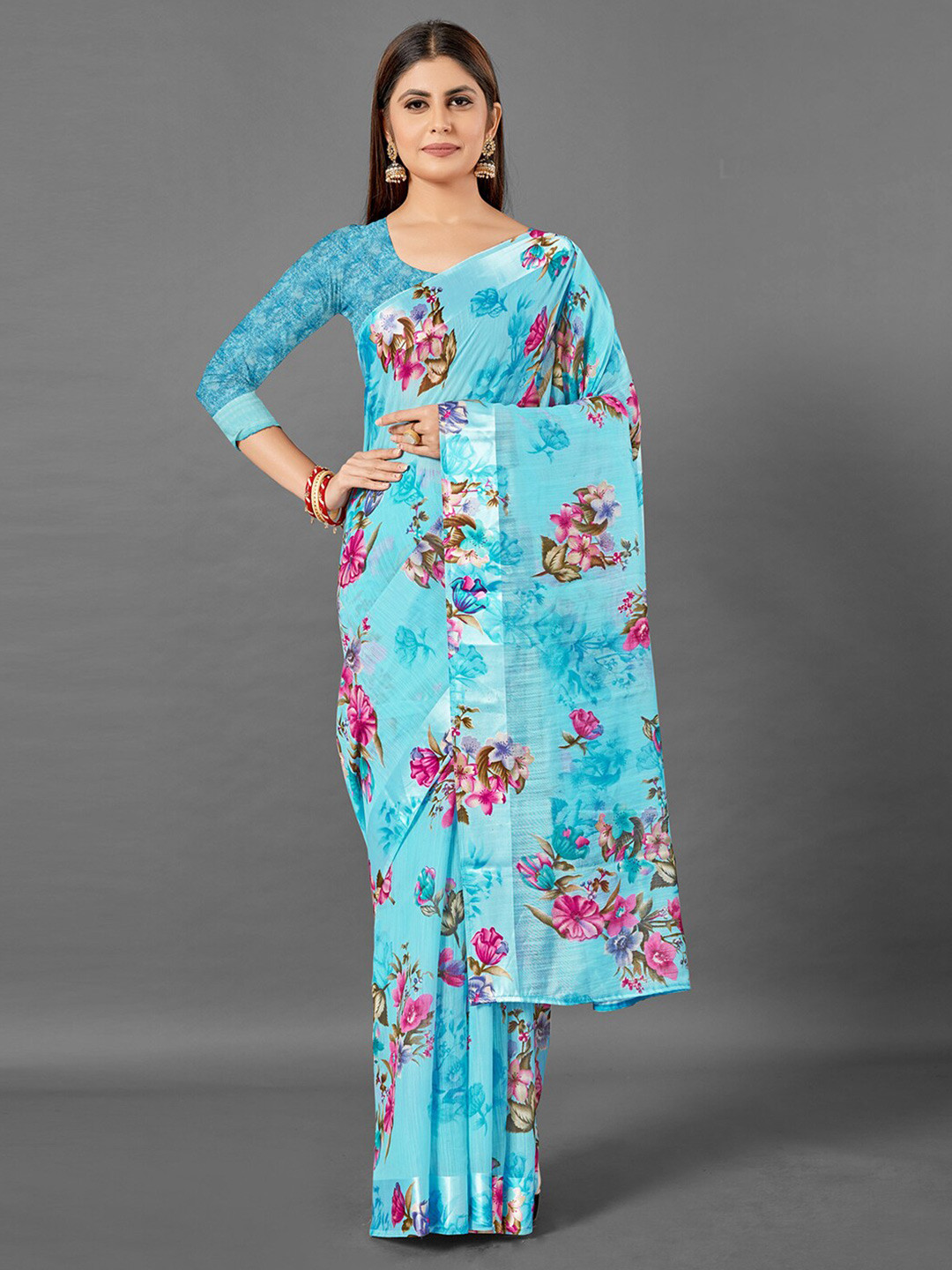 

Anouk Blue Floral Printed Pure Linen Block Print Saree