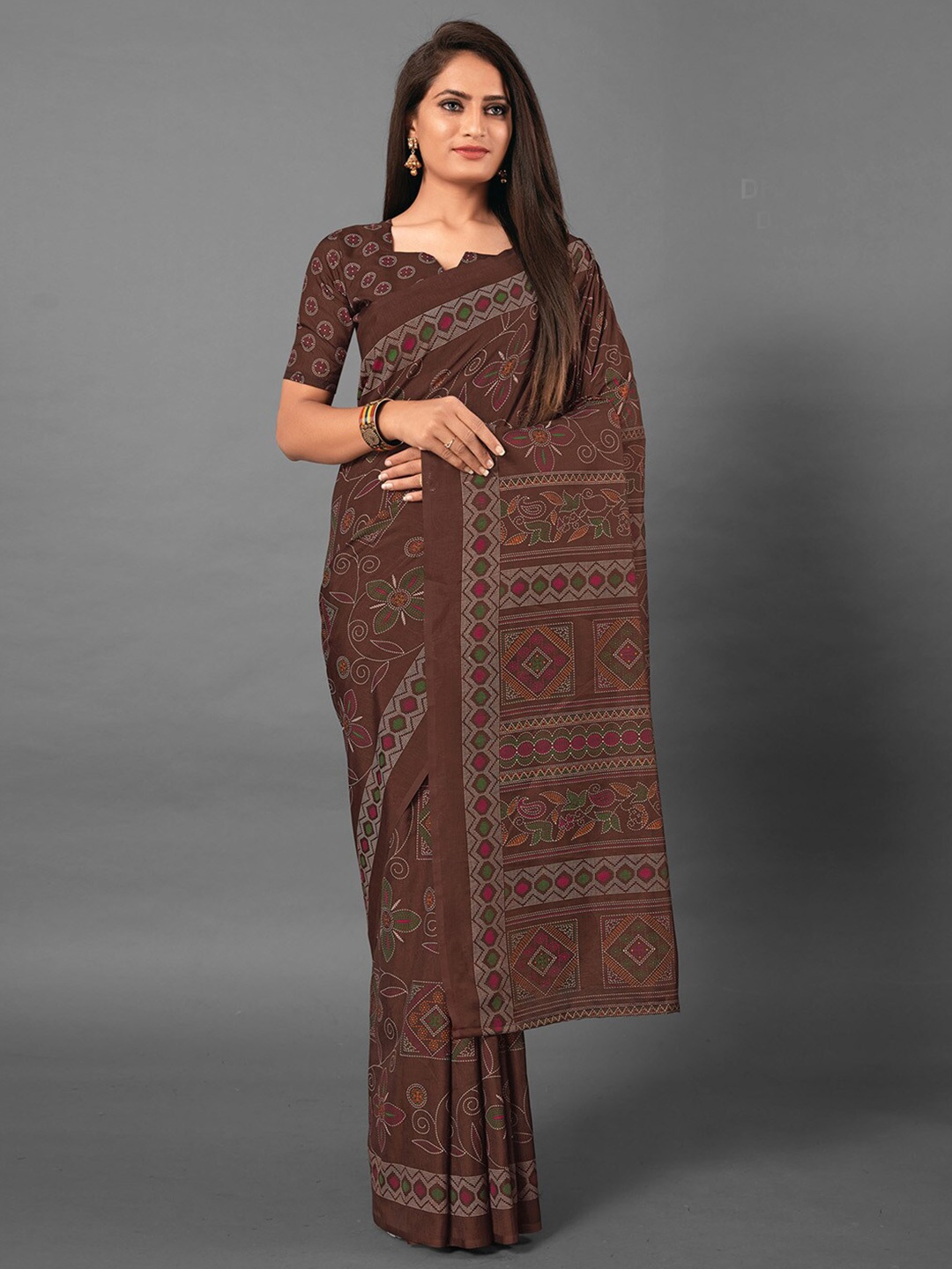 

Anouk Brown & Green Floral Printed Baluchari Saree