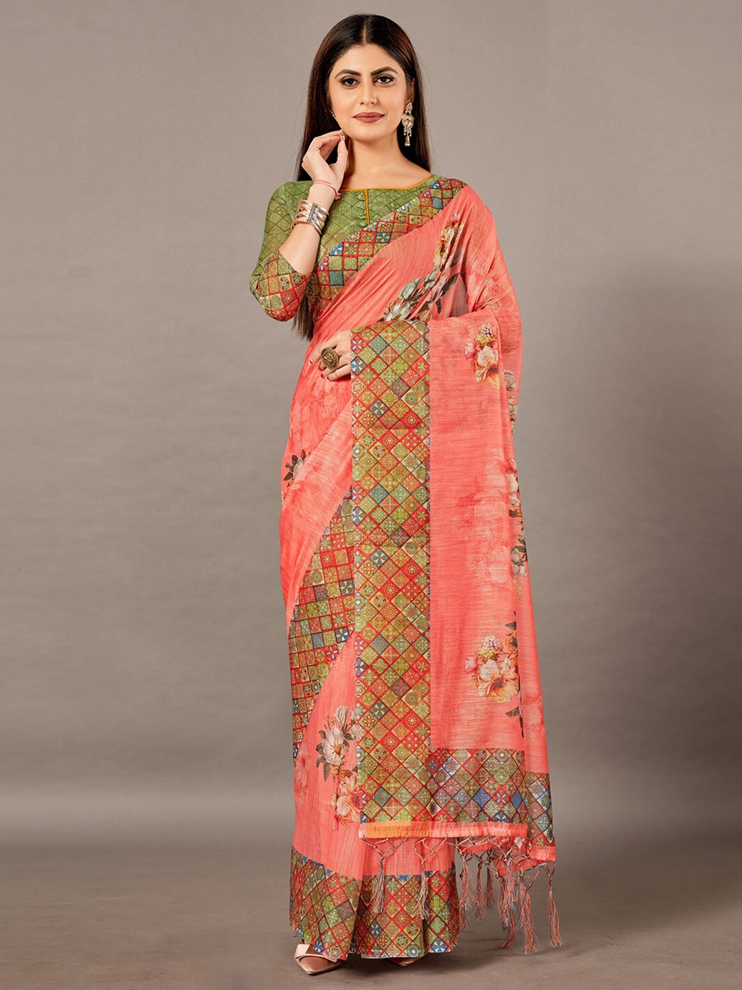 

Anouk Peach-Coloured & Green Floral Printed Pure Linen Saree