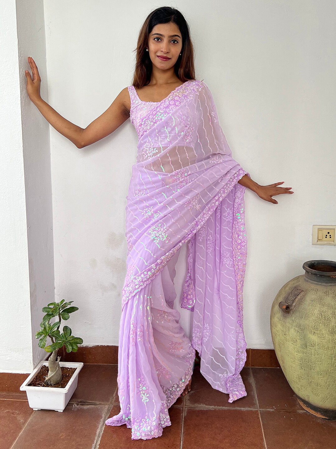 

Anouk Lavendar Embellished Sequinned Pure Georgette Saree, Lavender