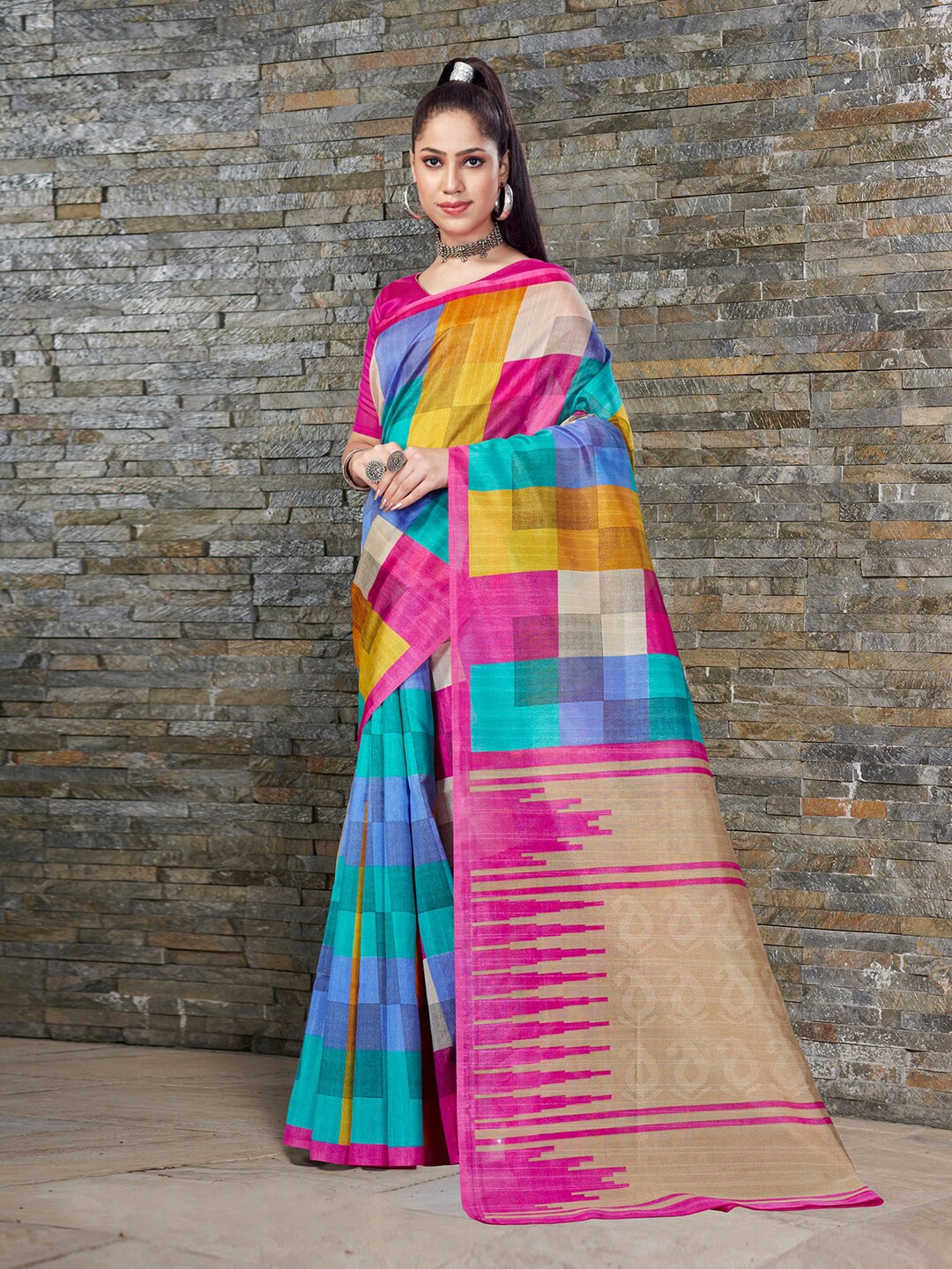 

Anouk Pink Checked Silk Blend Taant Saree