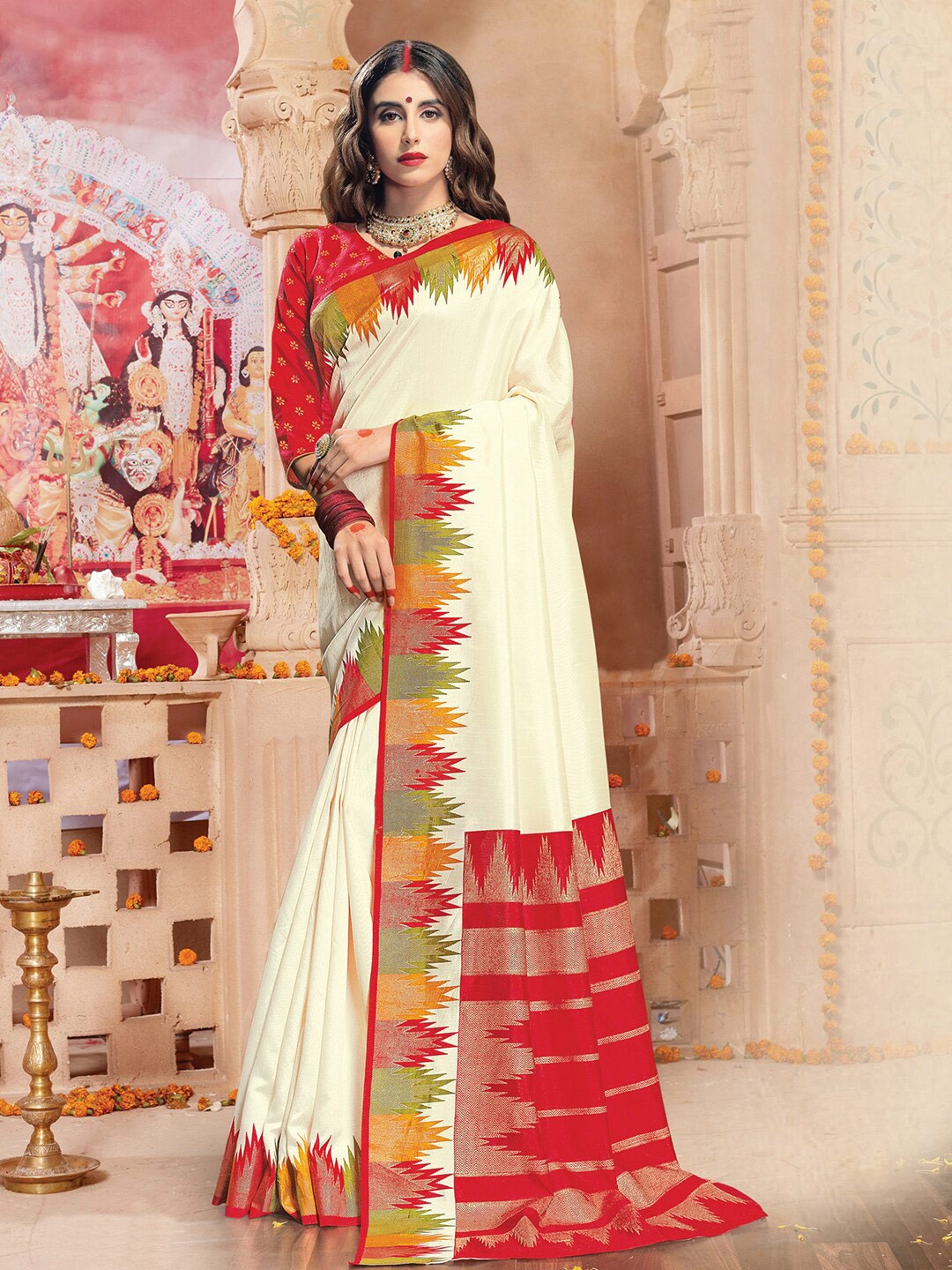 

Anouk Woven Design Border Zari Silk Blend Saree, Off white