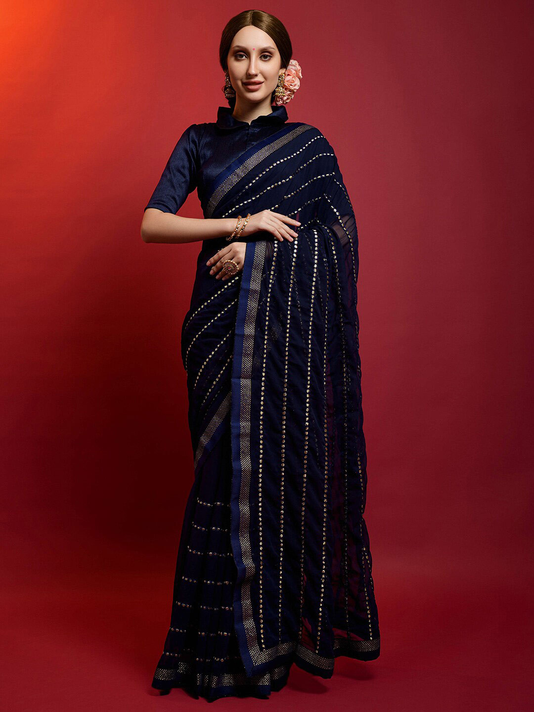

Anouk Embellished Beads and Stones Pure Georgette Saree, Navy blue