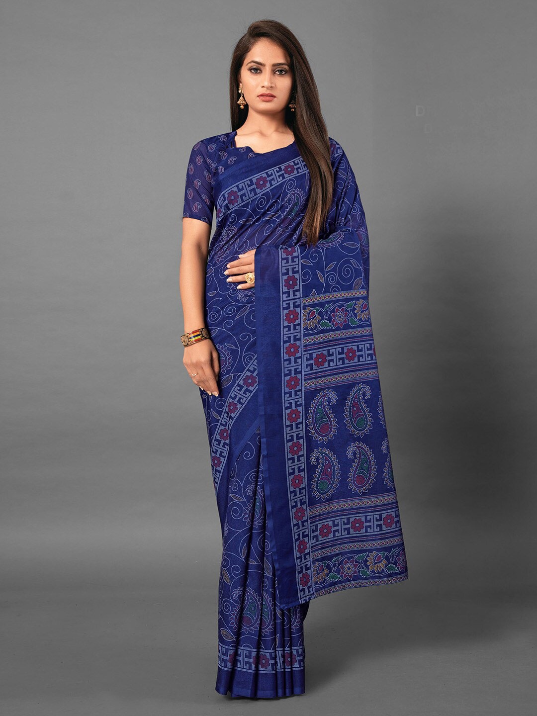 

Anouk Floral Printed Baluchari Saree, Navy blue