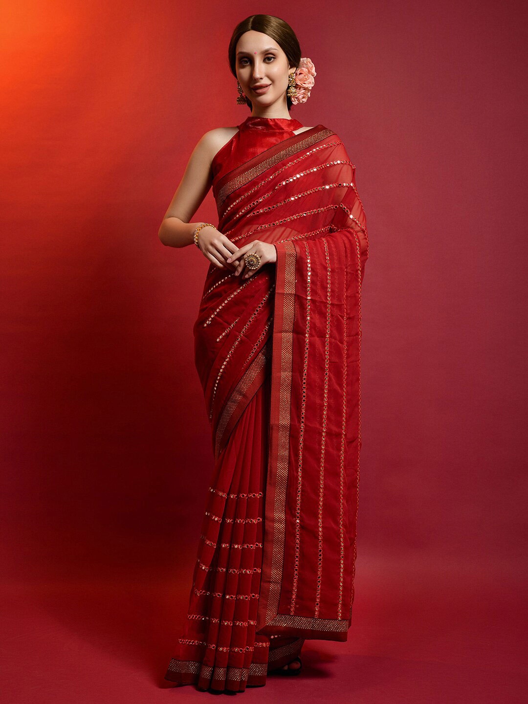 

Anouk Red & Gold-Toned Embellished Gotta Patti Pure Georgette Saree