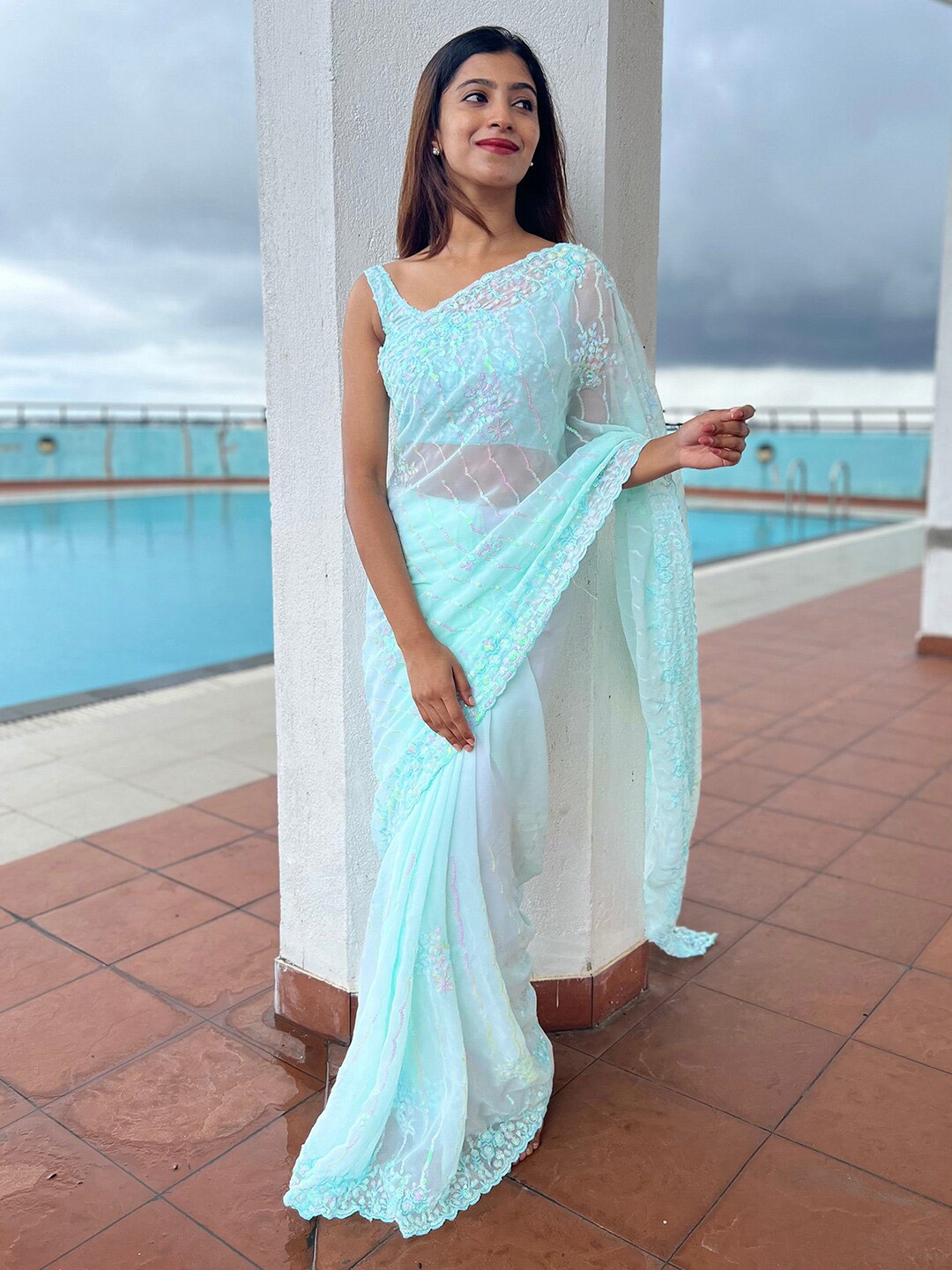

Anouk Blue Floral Embellished Sequined Pure Georgette Saree