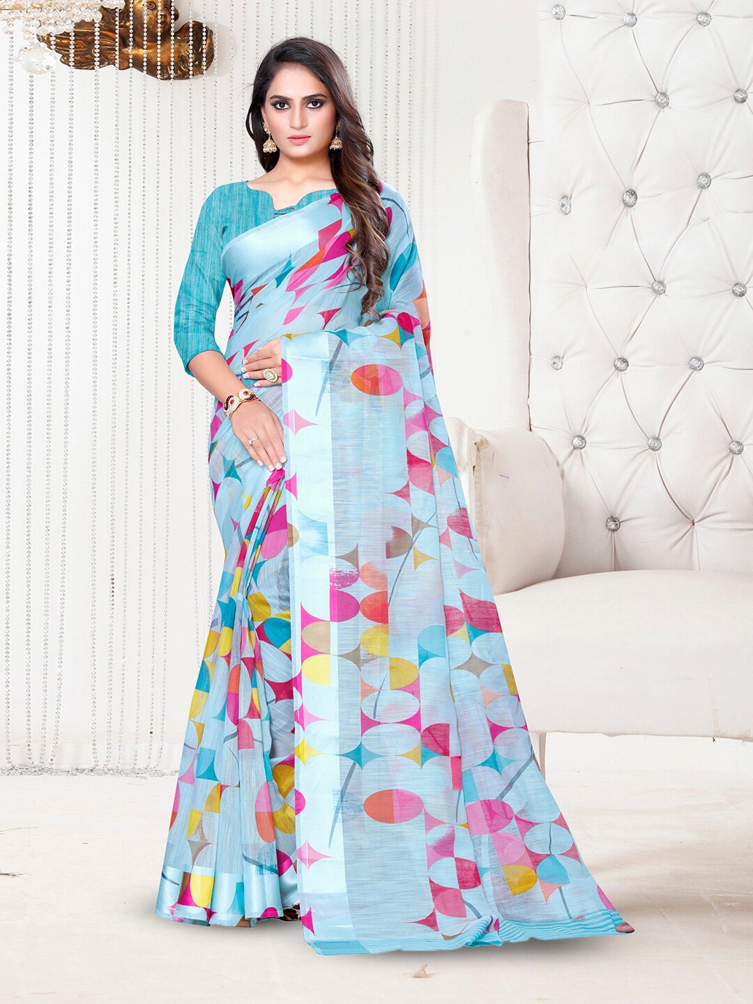 

Anouk Printed Pure Linen Saree, Blue