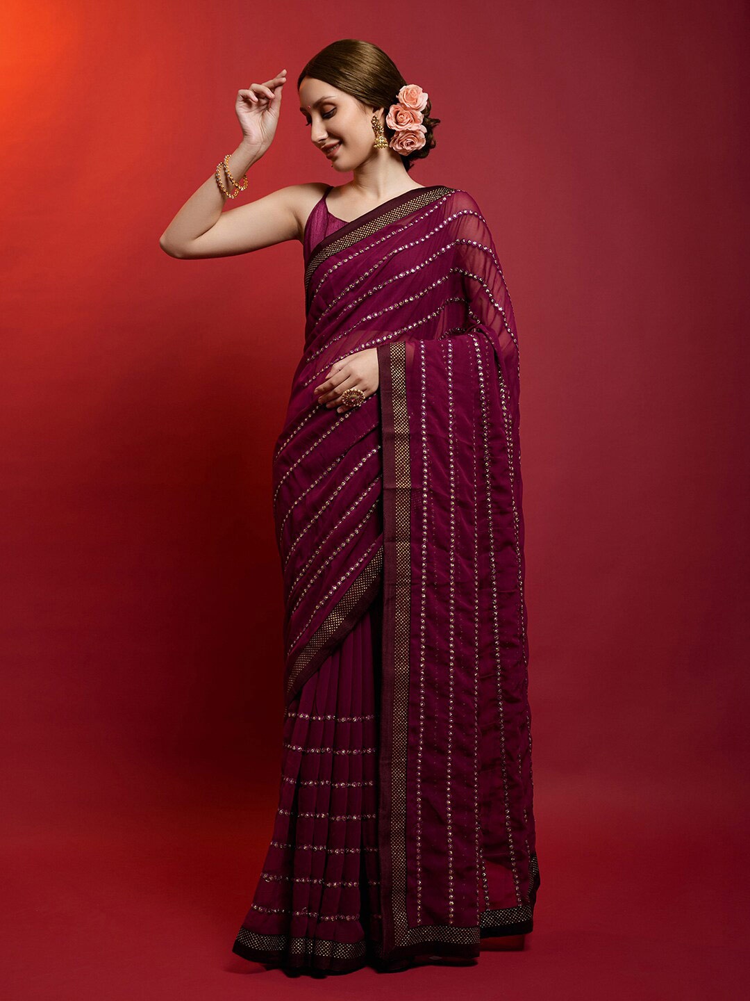 

Anouk Purple & Gold-Toned Ethnic Motifs Embellished Sequinned Pure Georgette Saree