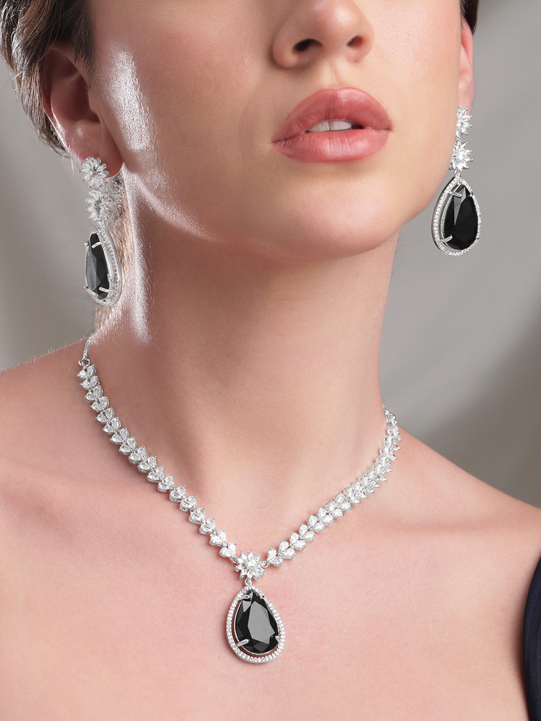 

Rubans Rhodium Plated Cubic Zirconia Studded Jewellery Set, Silver
