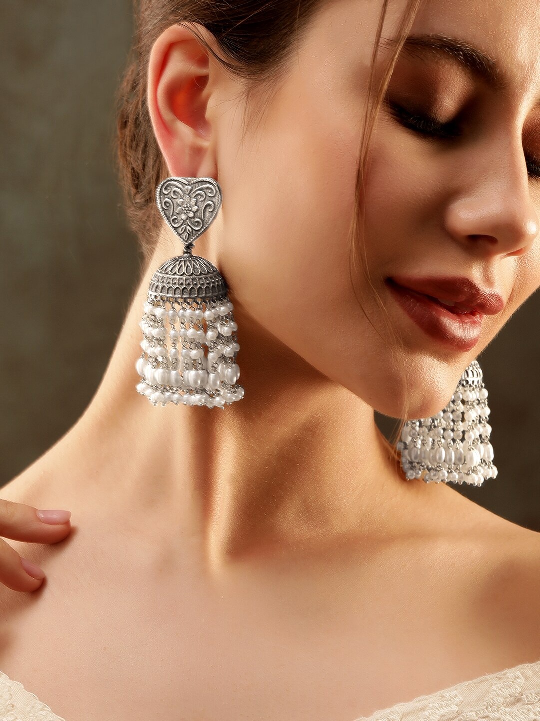 

Rubans Silver-Plated Heart Shaped Jhumkas