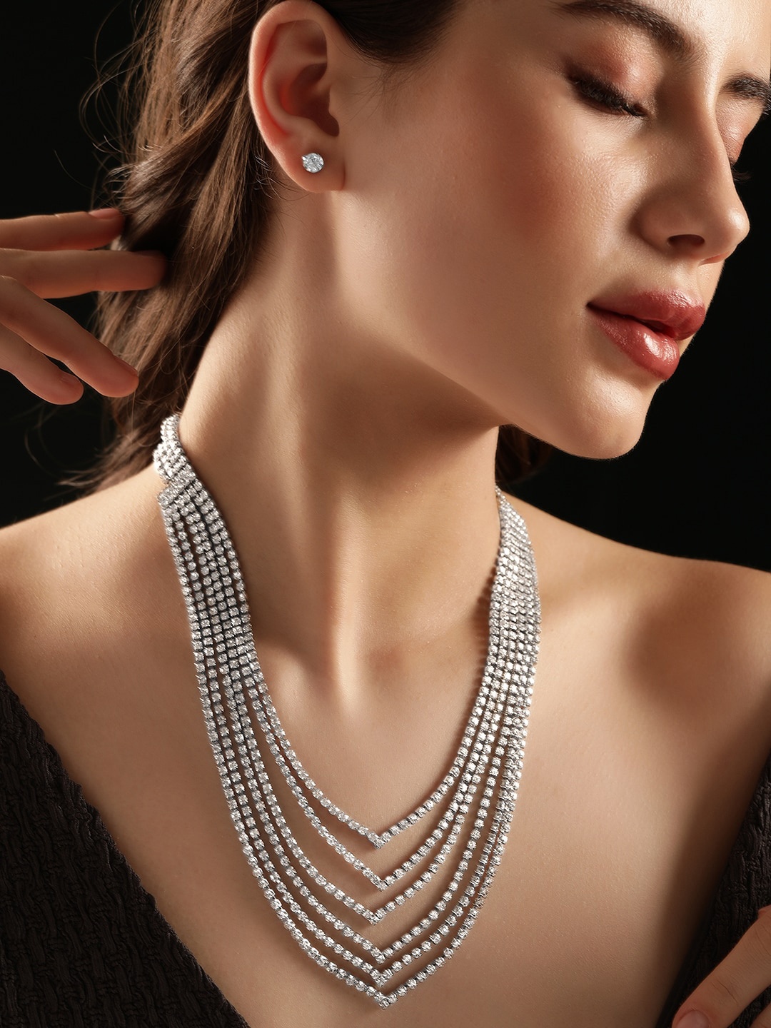 

Rubans Rhodium-Plated Crystal-Studded multi-Layered Necklace & Earring Set, Silver