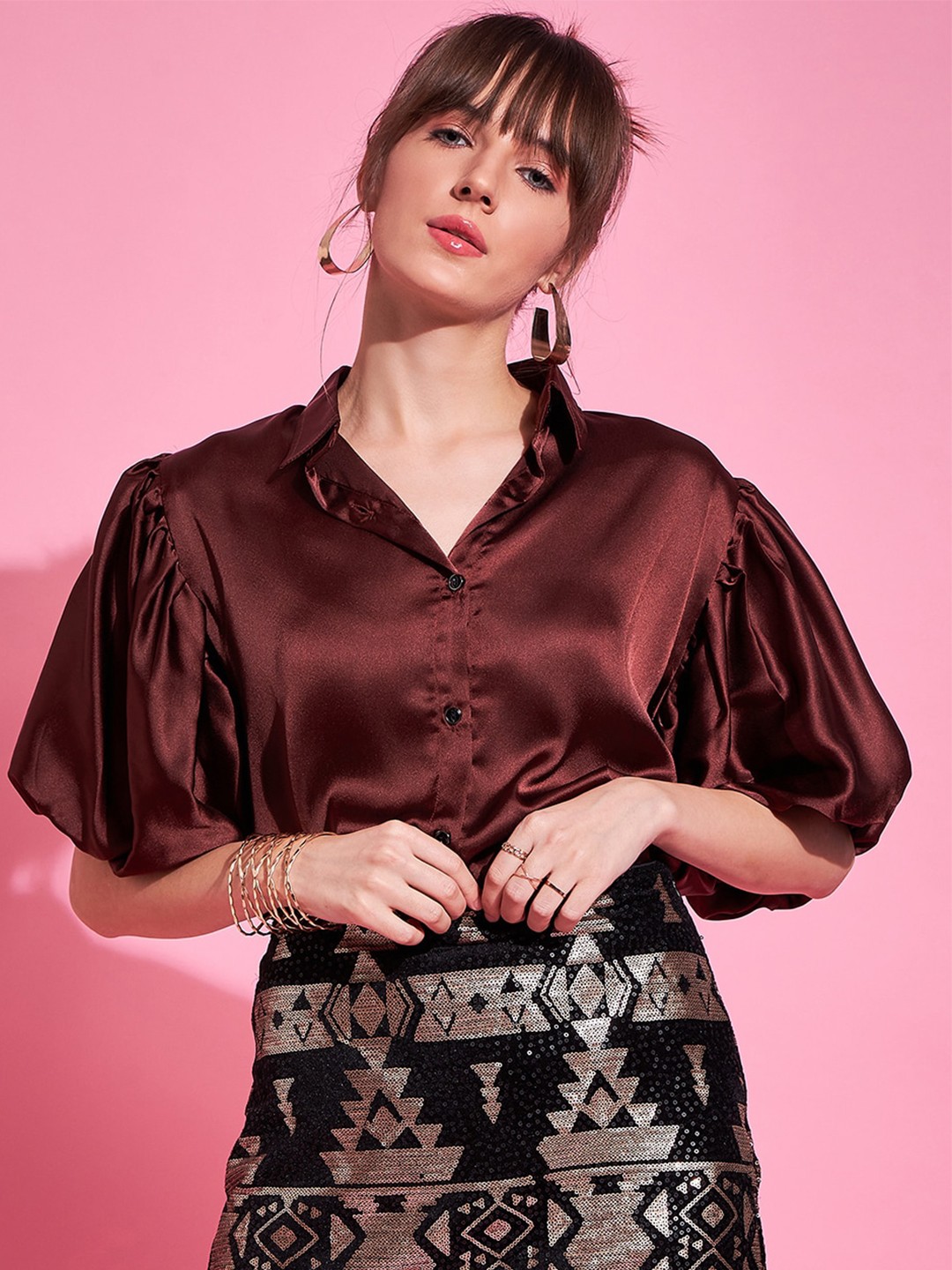 

Purple Feather Puff Sleeve Opaque Casual Shirt, Maroon