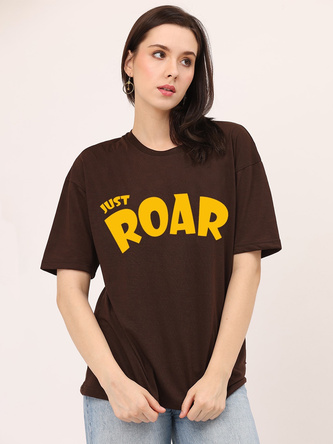 

Leotude Typography Printed Drop-Shoulder Sleeves Cotton Oversized T-shirt, Brown