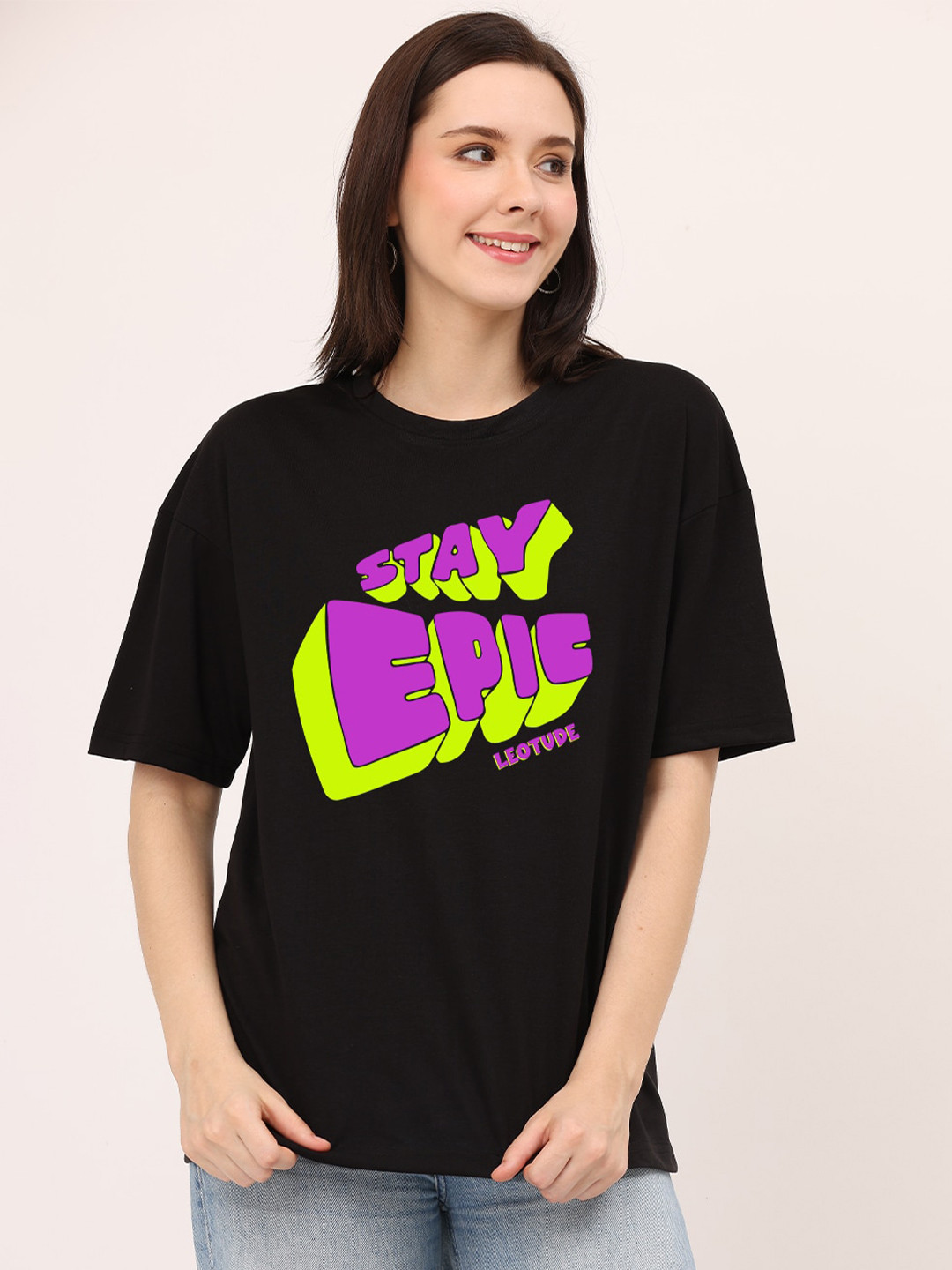 

Leotude Typography Printed Drop-Shoulder Sleeves Cotton Oversized T-shirt, Black