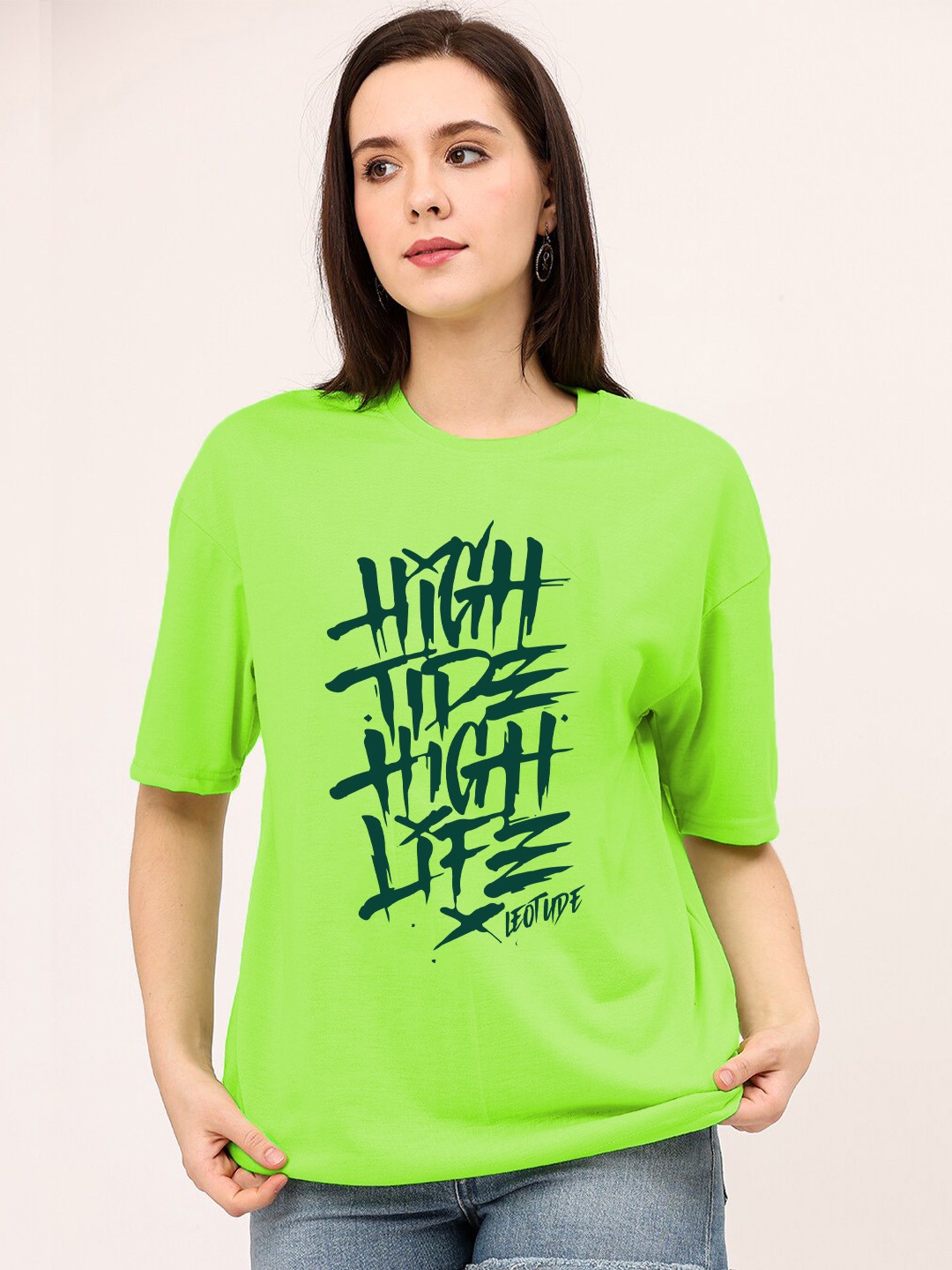

Leotude Typography Printed Drop-Shoulder Sleeves Oversized Fit Cotton Casual T-shirt, Green