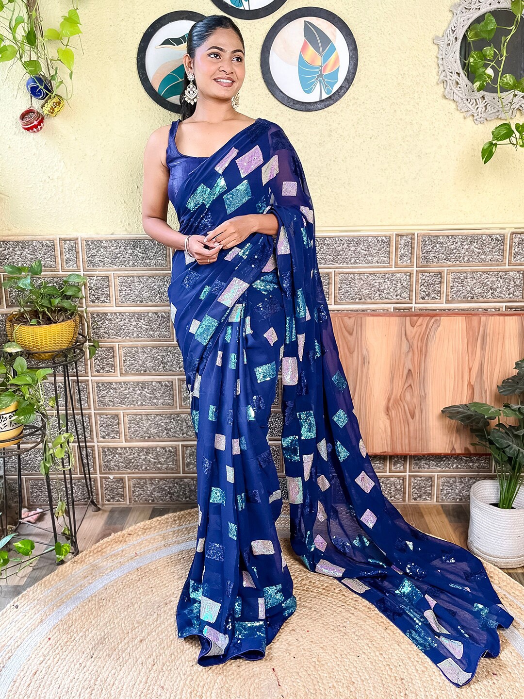 

Mitera Embellished Sequinned Saree, Navy blue