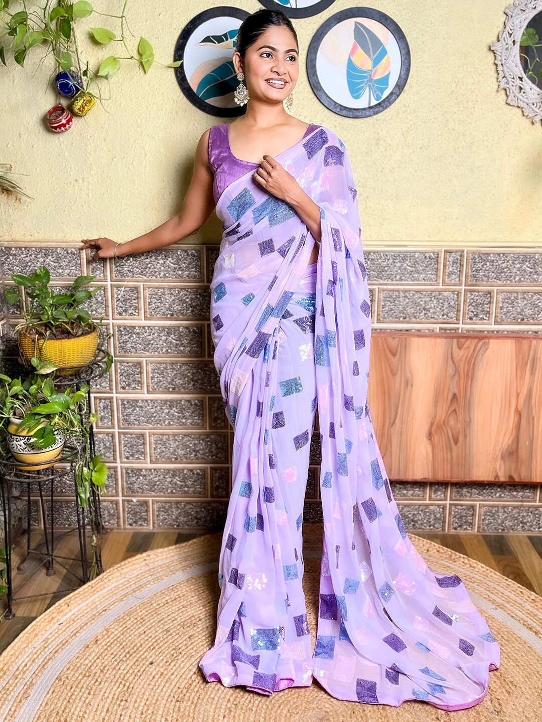 

Mitera Embellished Sequinned Saree, Lavender