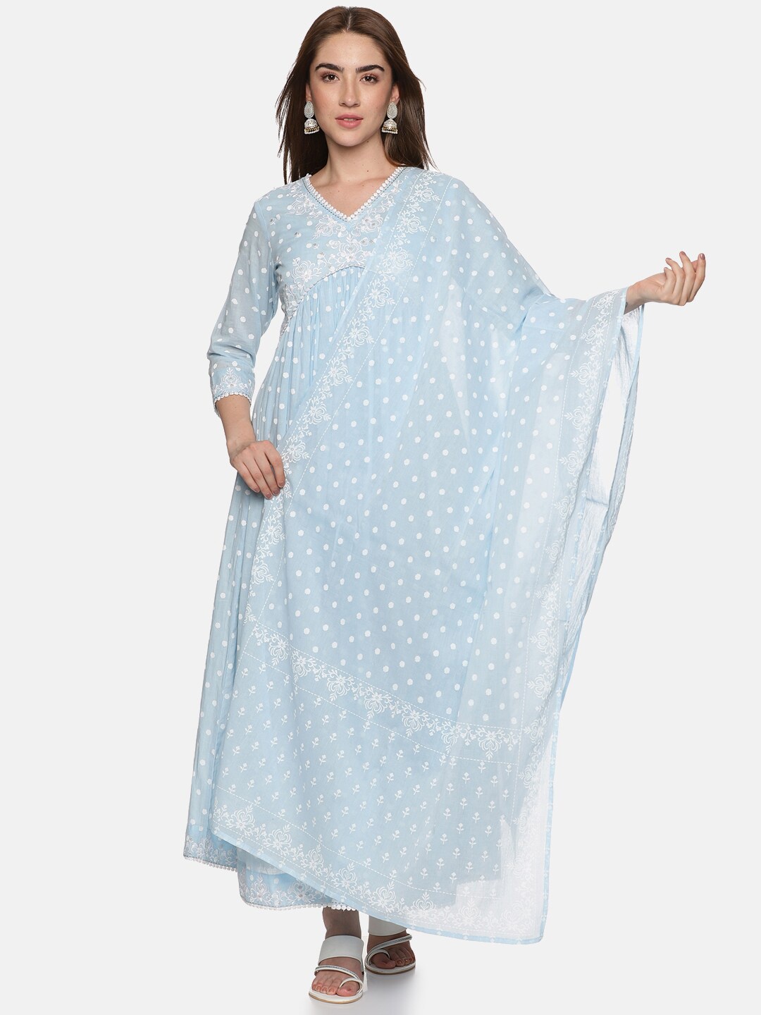 

Palakh Floral Embroidered Pure Cotton Anarkali Kurta with Trousers & With Dupatta, Blue