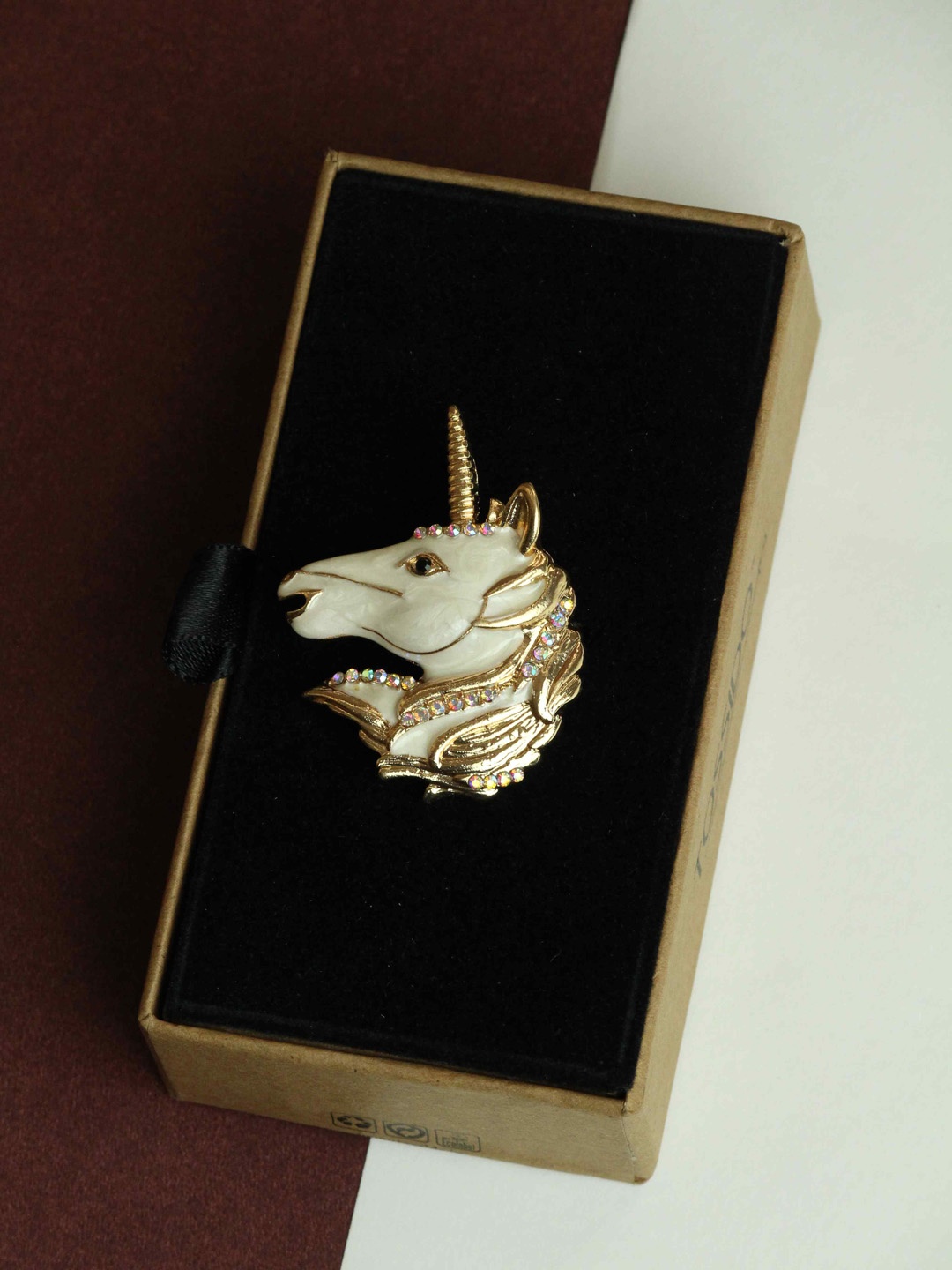 

Tossido Men Unicorn Charm Stone Studded Brooch, White